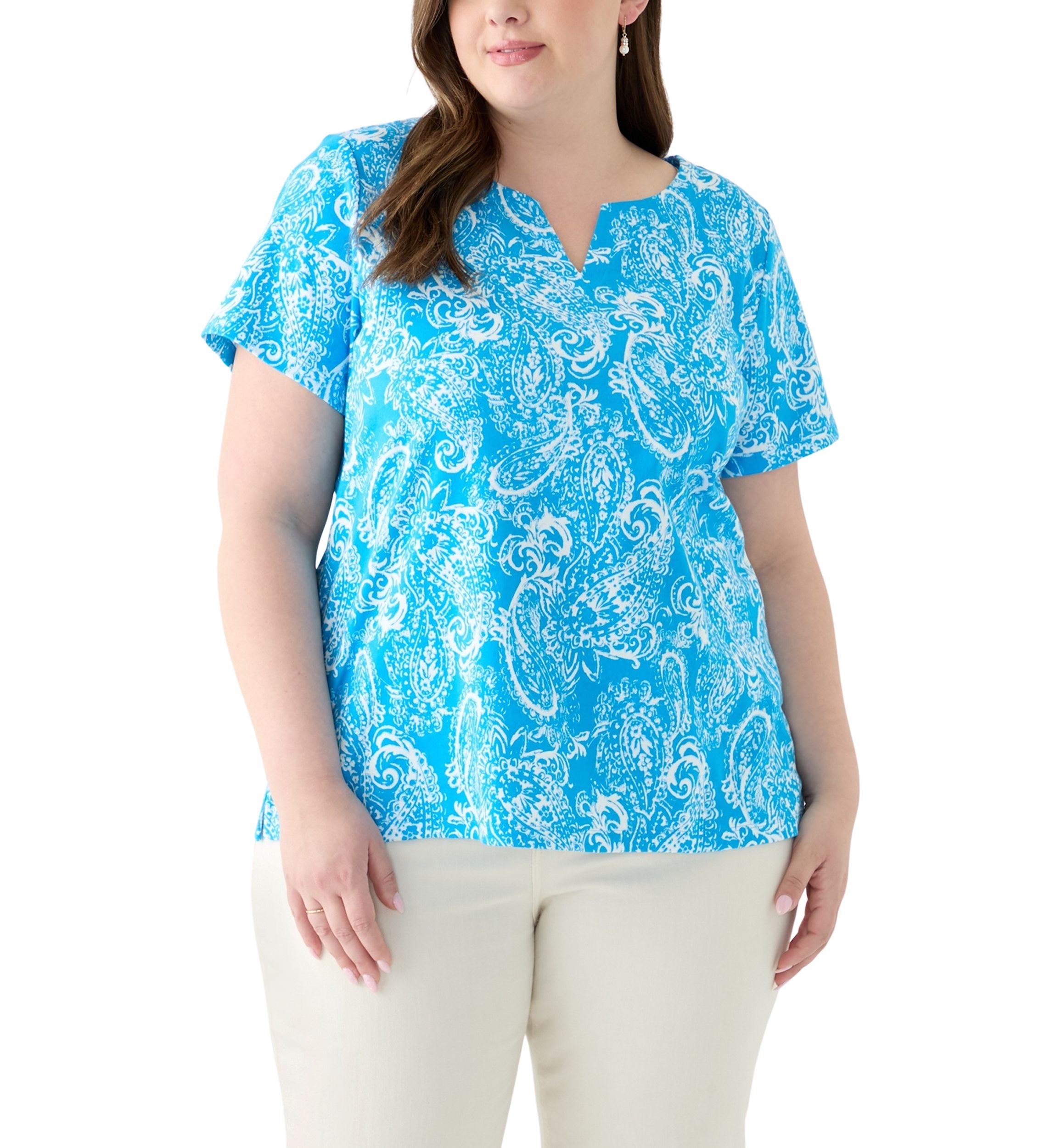 Plus Size Split Neck Printed Top