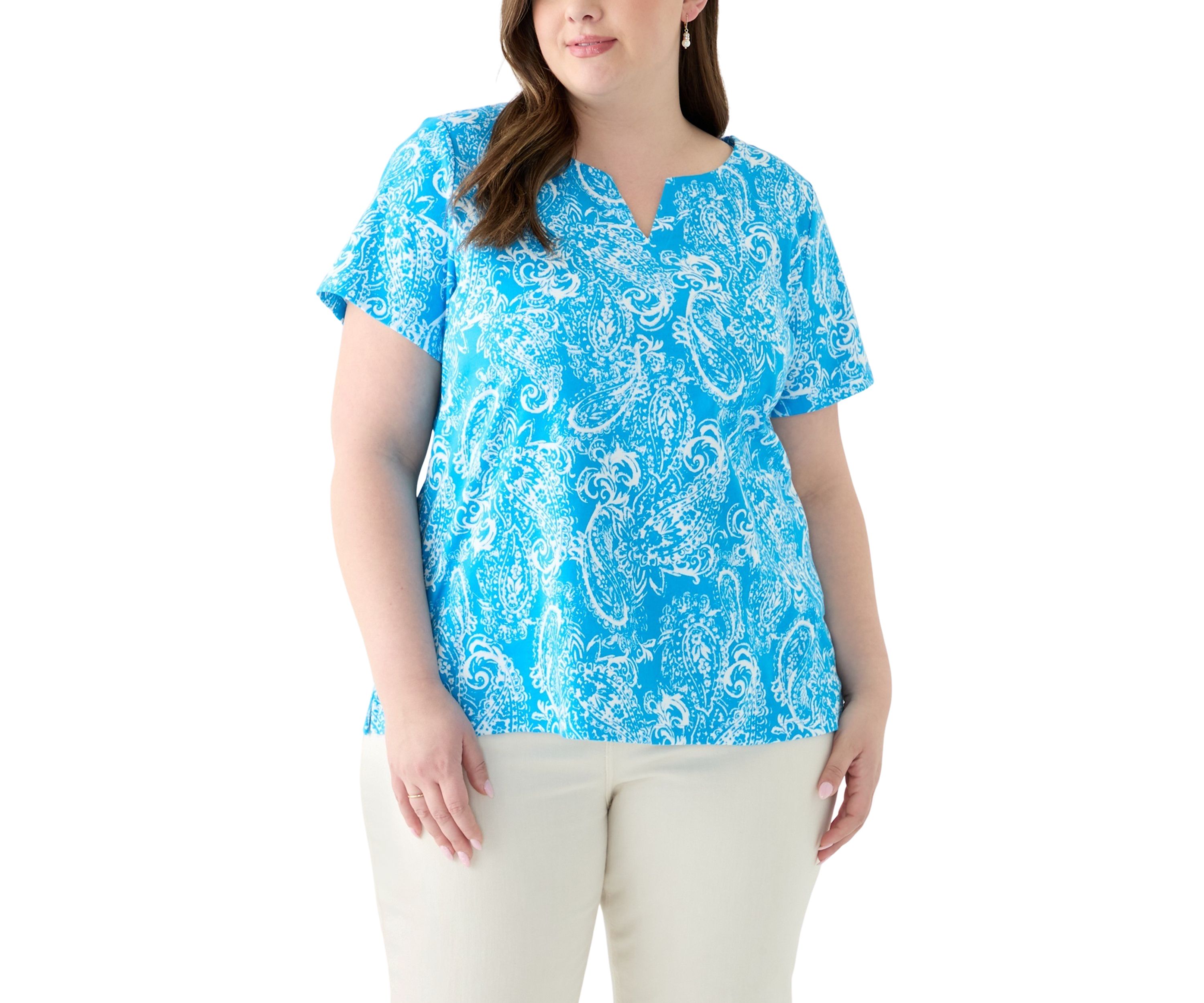 Plus Size Split Neck Printed Top