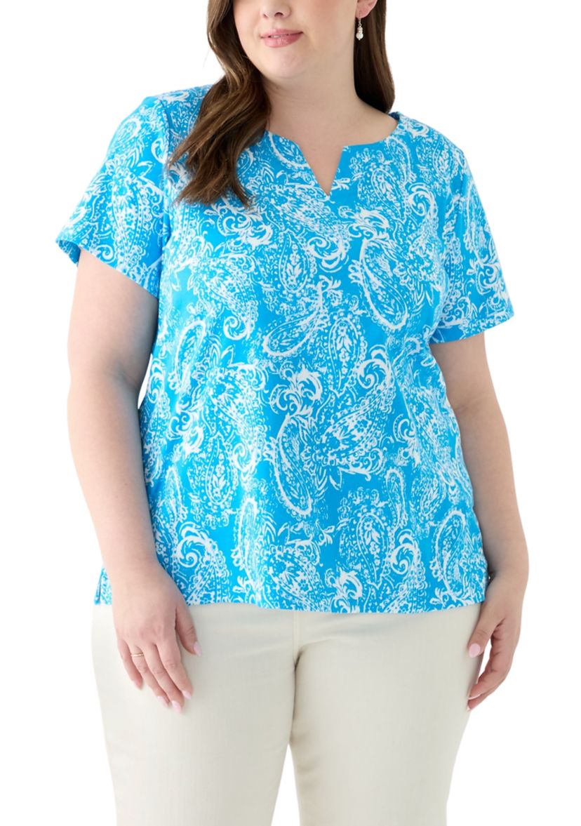 Plus Size Split Neck Printed Top