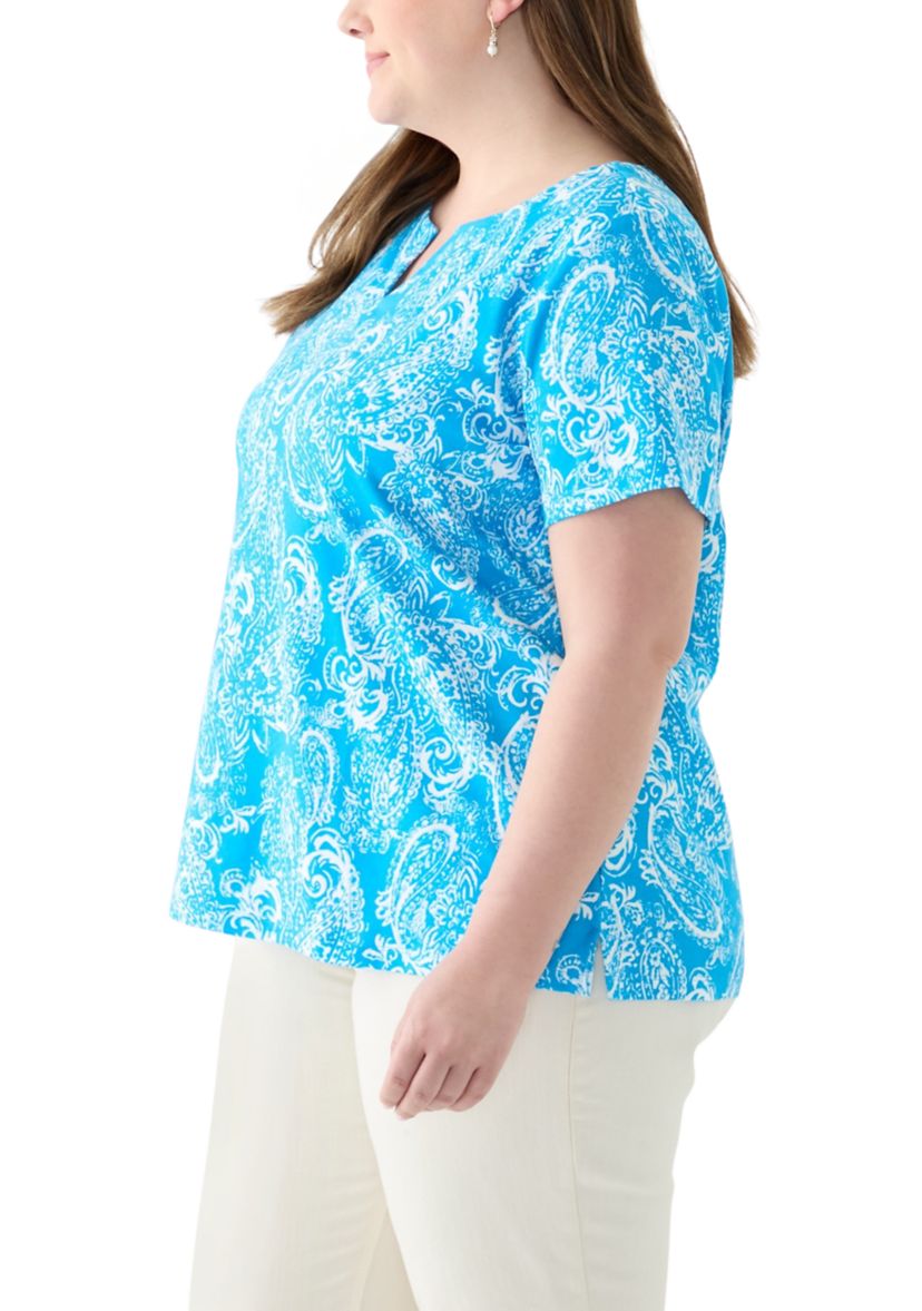 Plus Size Split Neck Printed Top