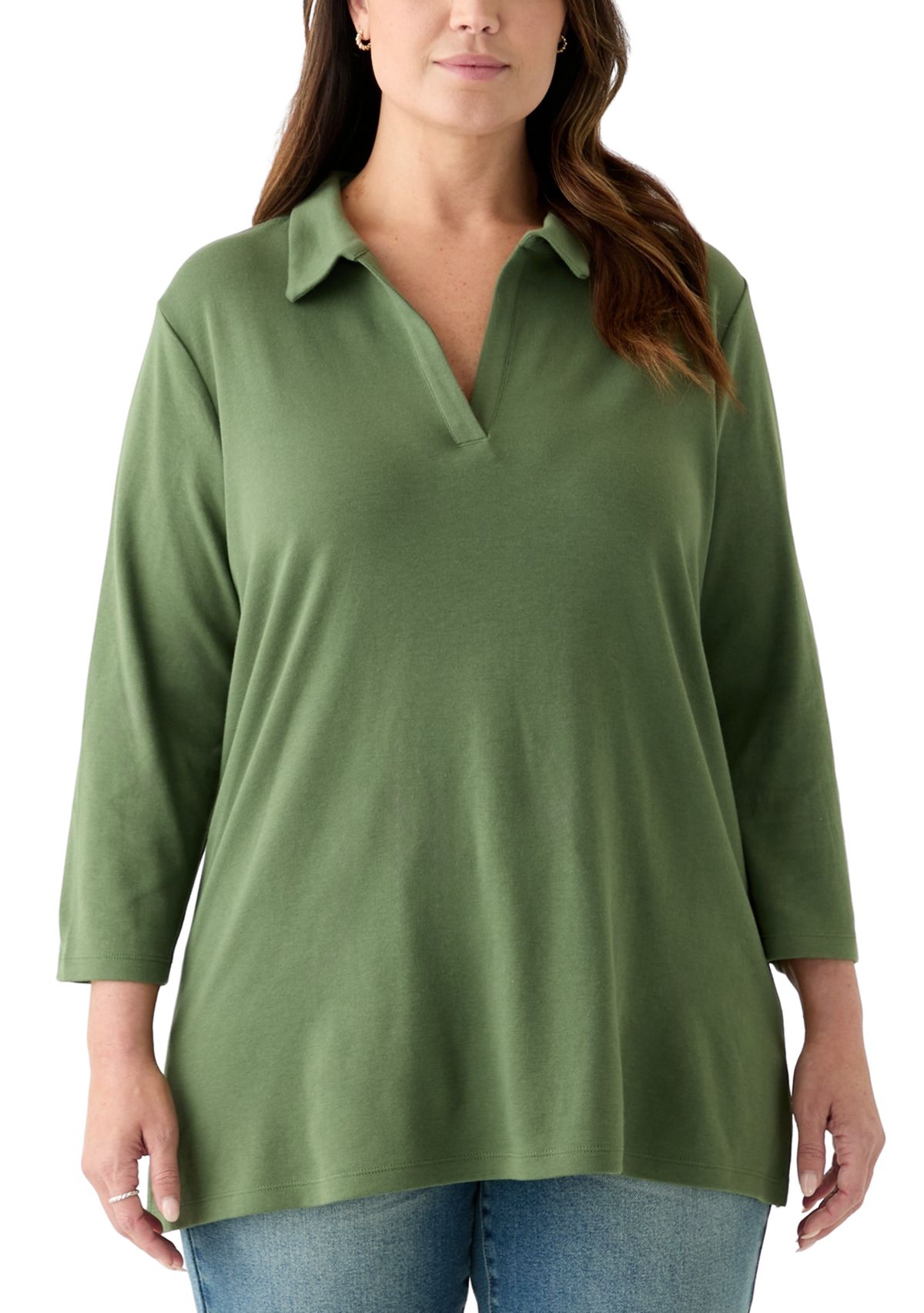 Plus Size 3/4 Sleeve Polo Tunic Shirt
