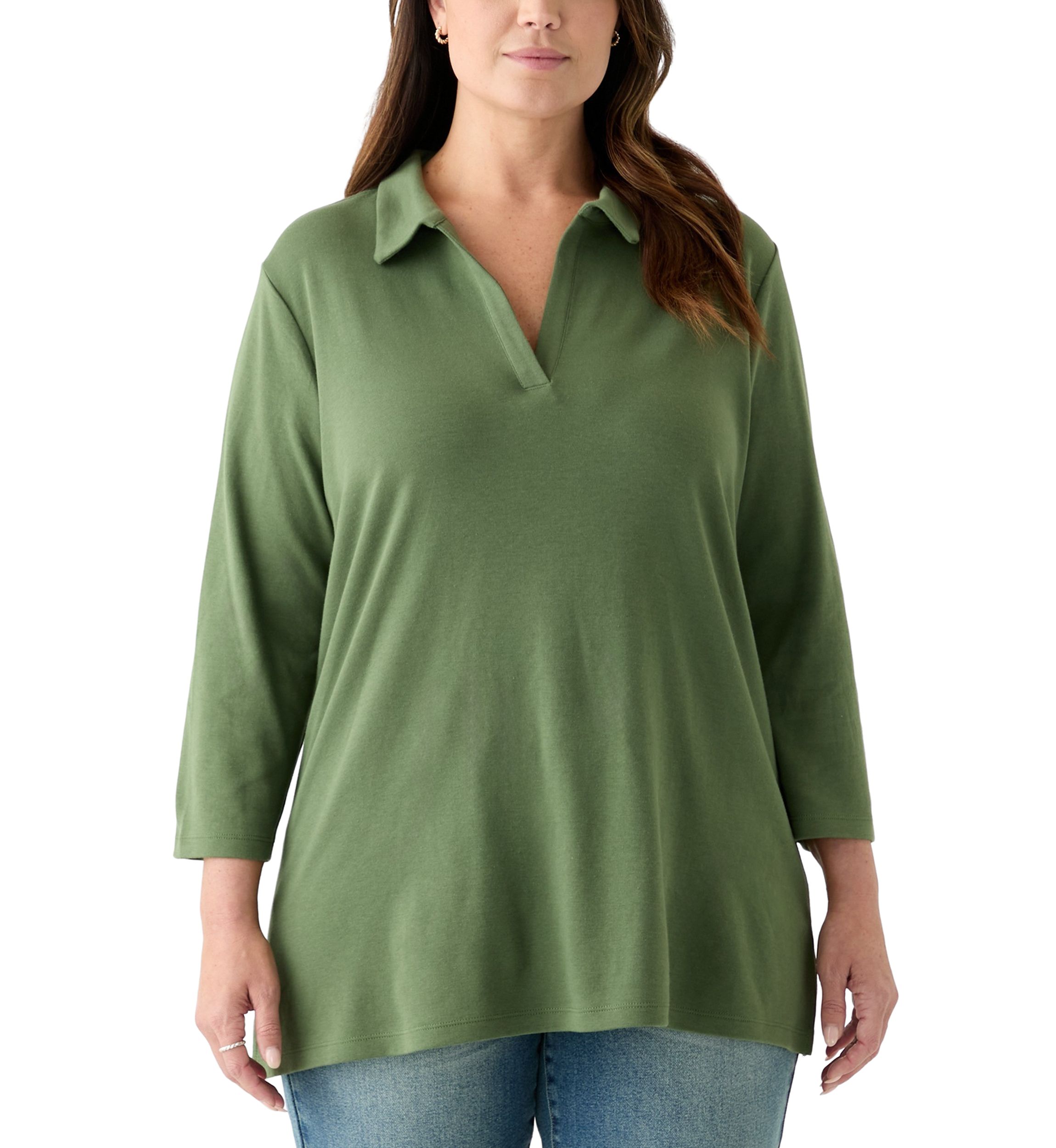 Plus Size 3/4 Sleeve Polo Tunic Shirt
