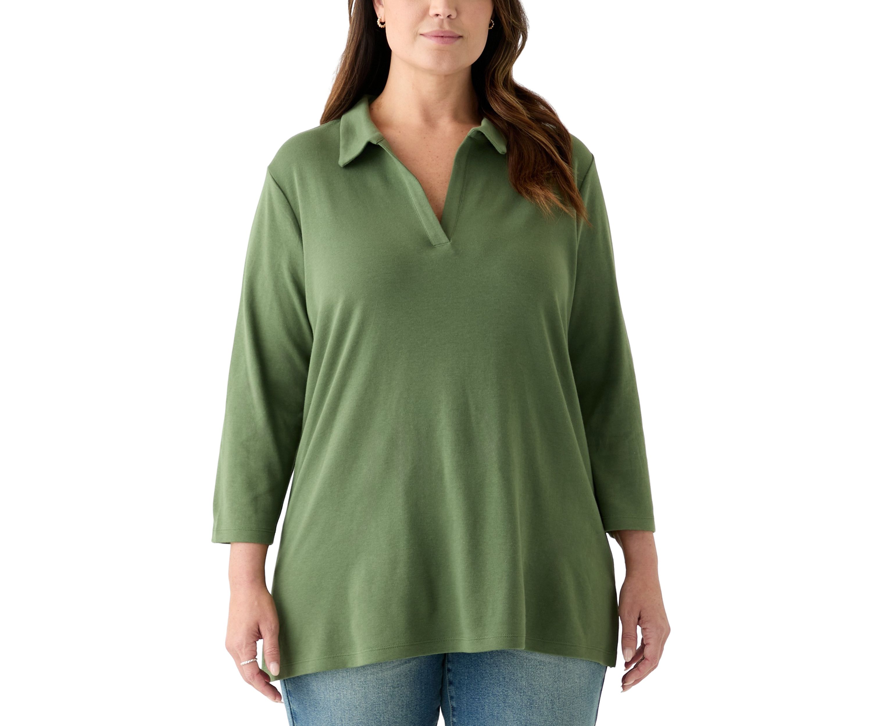 Plus Size 3/4 Sleeve Polo Tunic Shirt