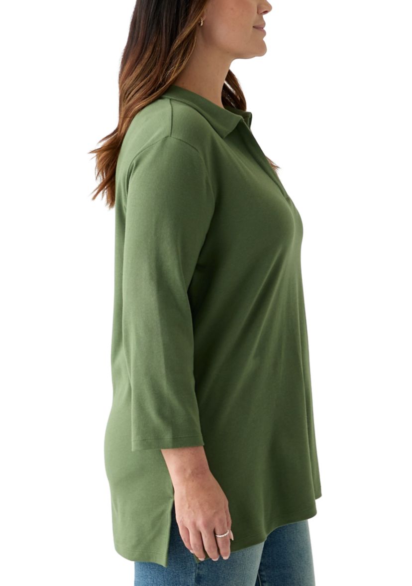 Plus Size 3/4 Sleeve Polo Tunic Shirt