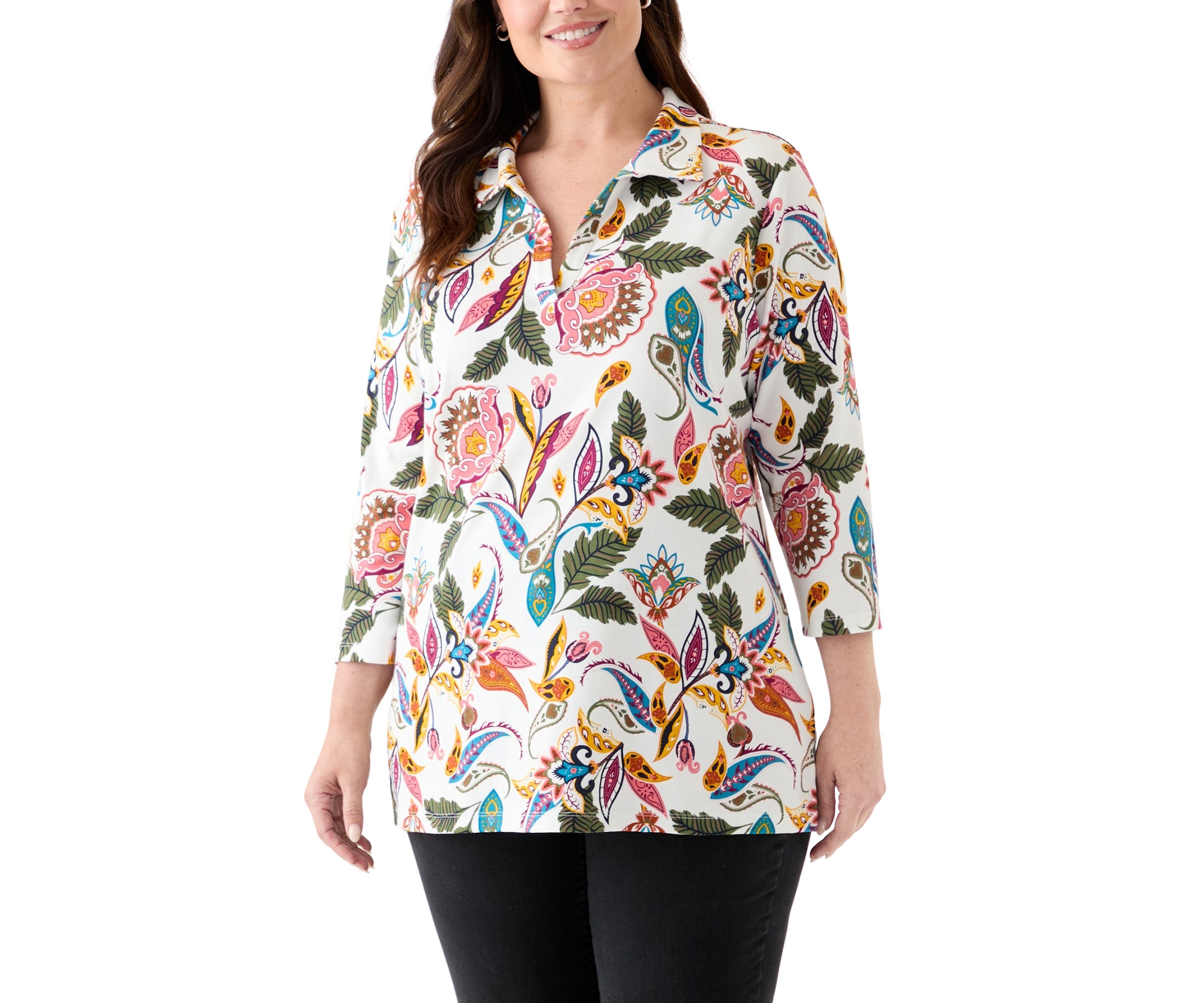Plus Size Three-Quarter Sleeve Tunic Printed Shirt