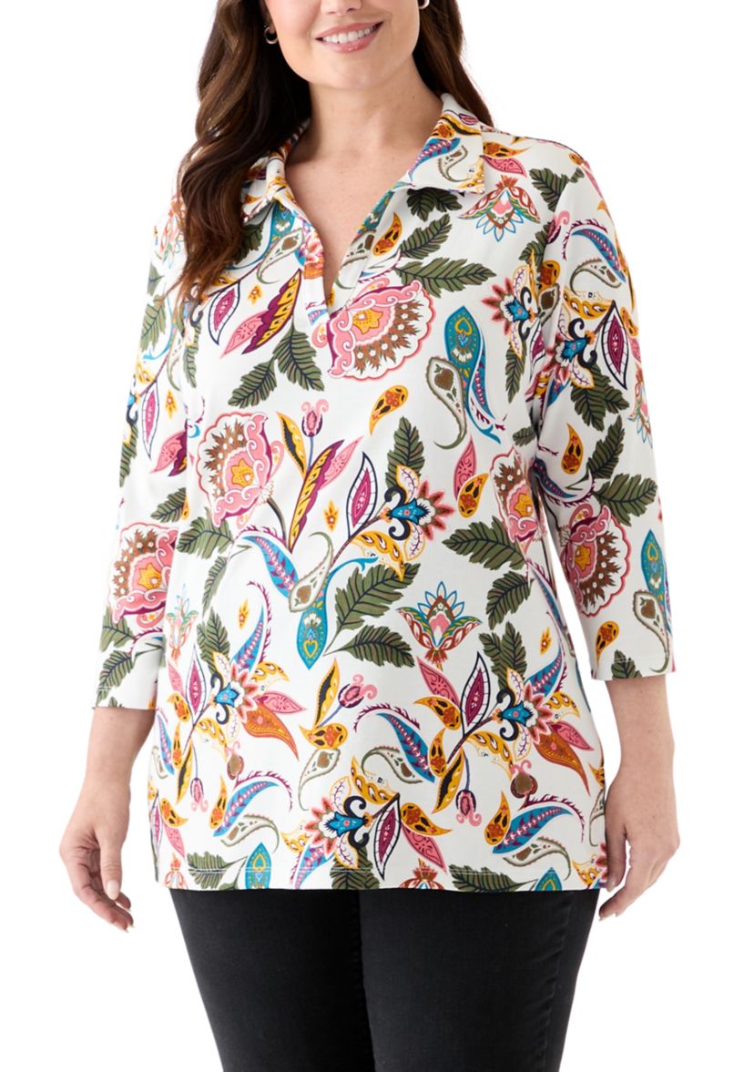 Plus Size Three-Quarter Sleeve Tunic Printed Shirt
