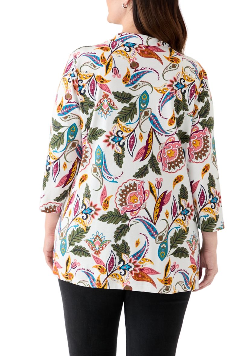 Plus Size Three-Quarter Sleeve Tunic Printed Shirt