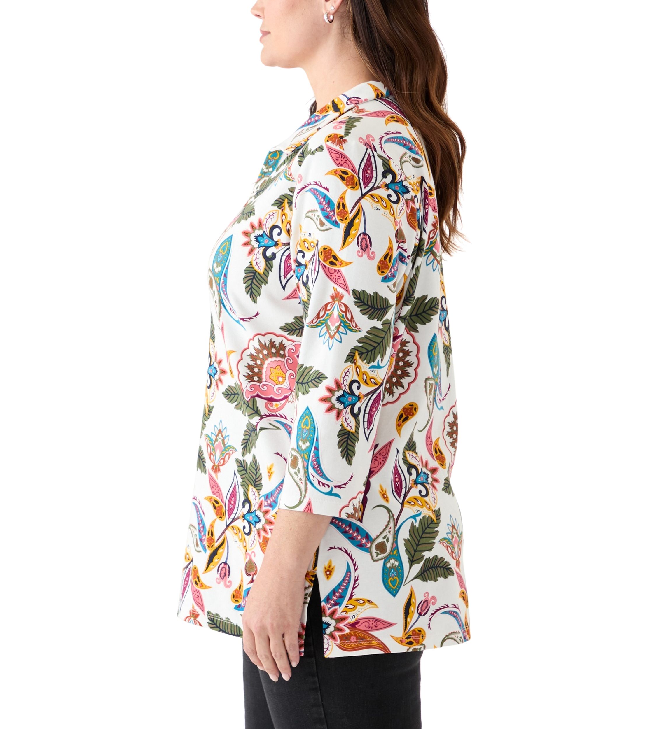 Plus Size Three-Quarter Sleeve Tunic Printed Shirt
