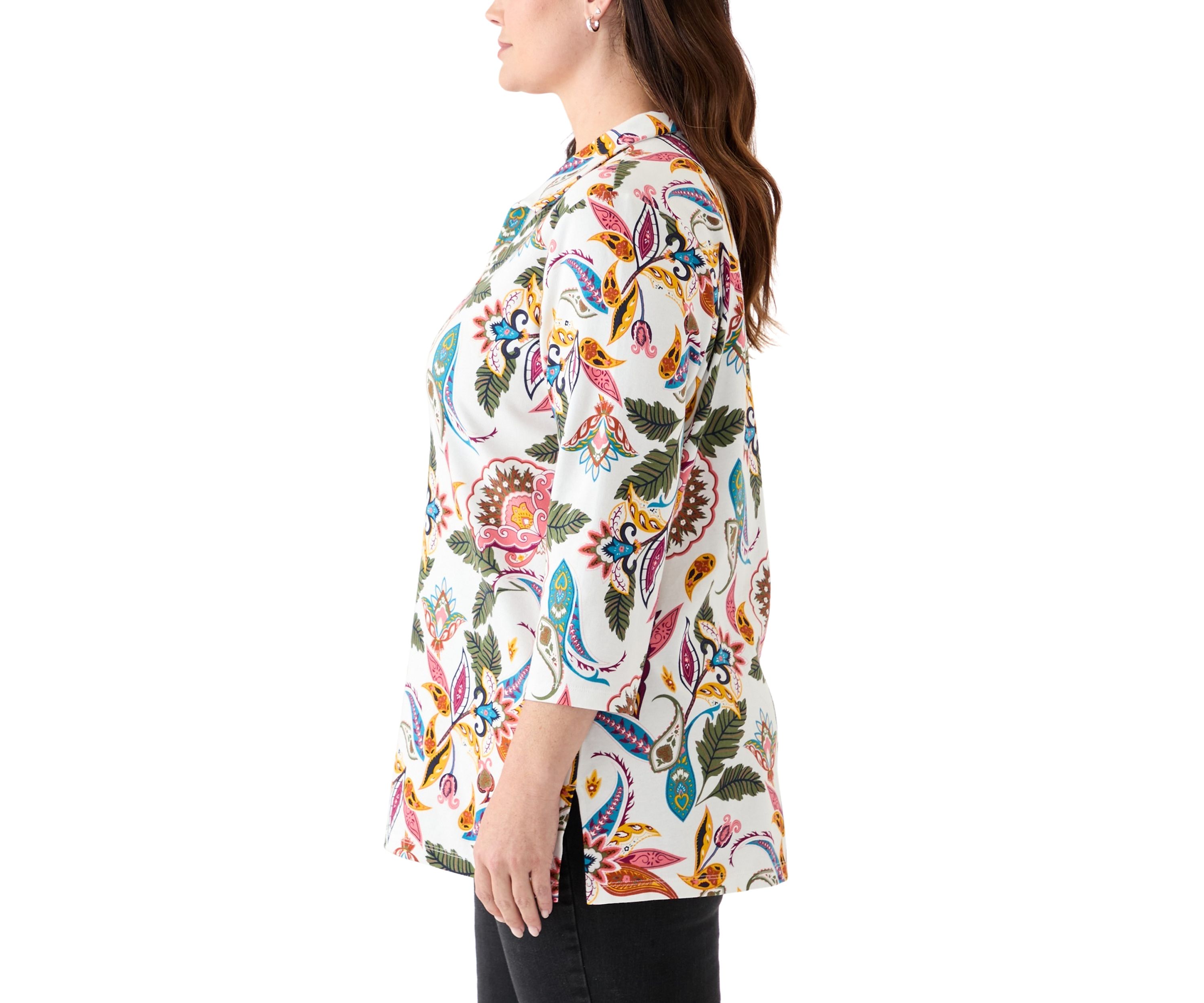 Plus Size Three-Quarter Sleeve Tunic Printed Shirt