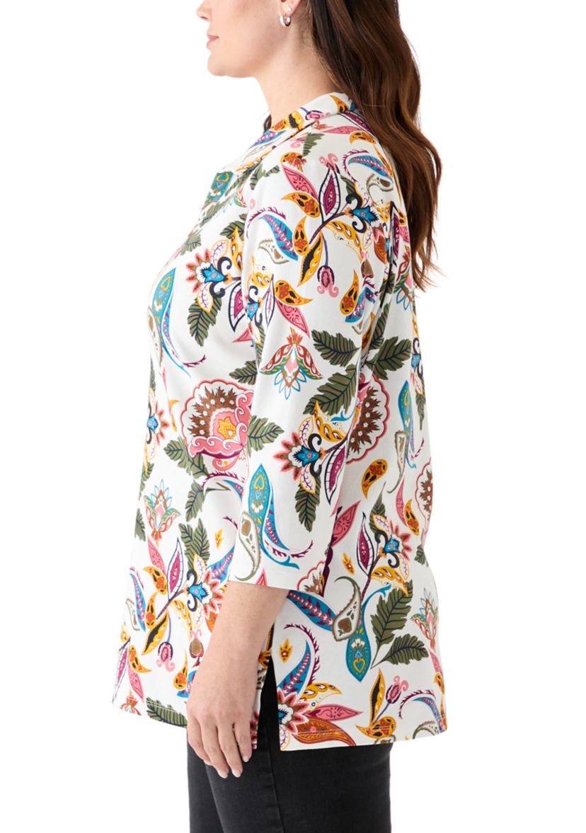 Plus Size Three-Quarter Sleeve Tunic Printed Shirt