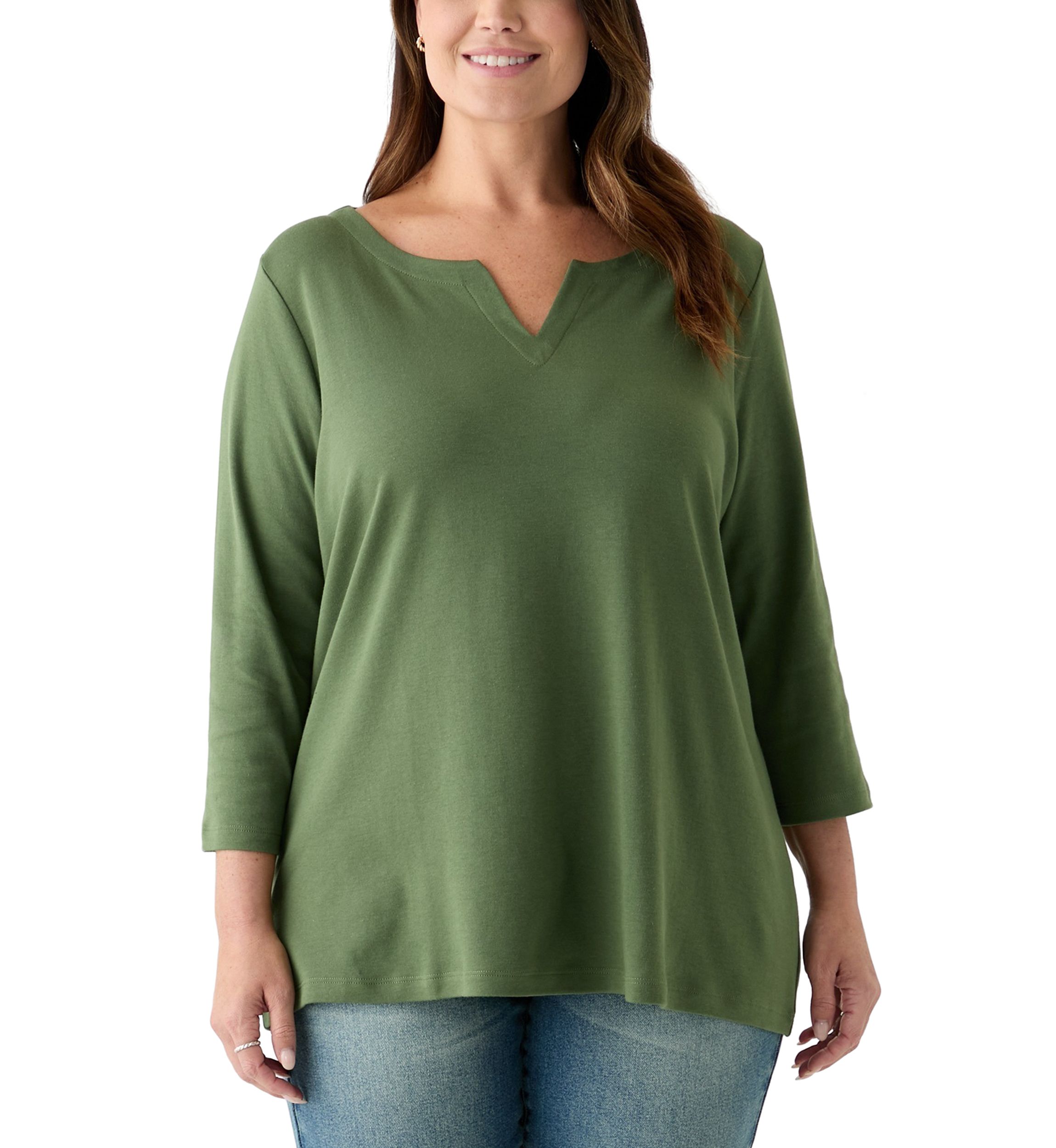 Plus Size 3/4 Sleeve Split Neck Top