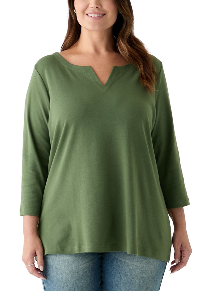 Plus Size 3/4 Sleeve Split Neck Top