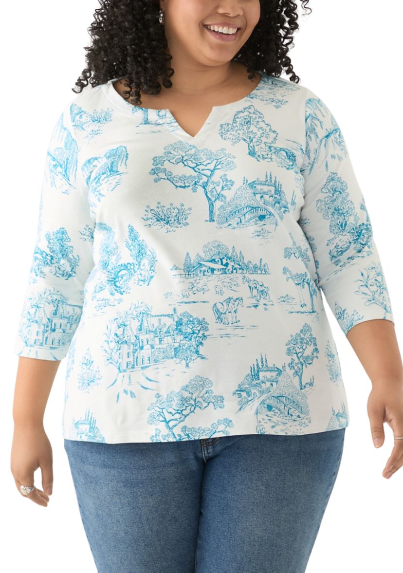 Plus Size 3/4 Sleeve Split Neck Allover Print Top
