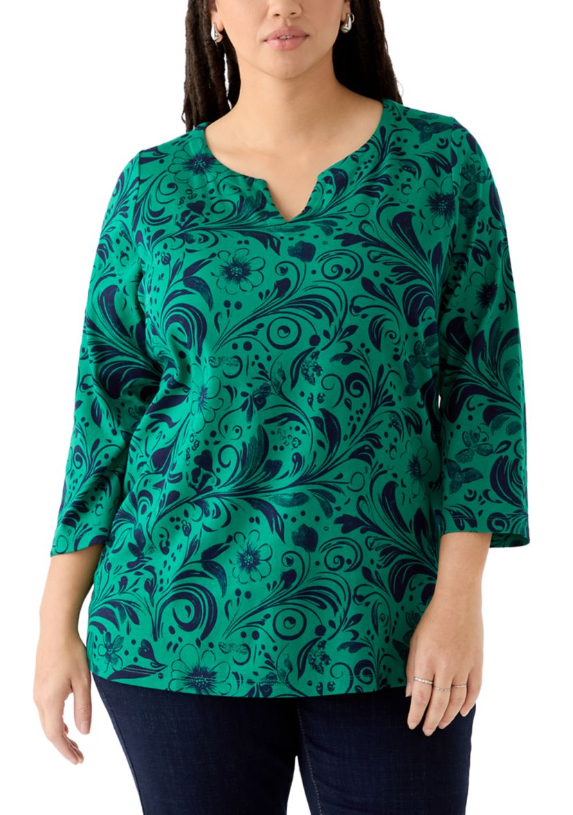 Plus Size 3/4 Sleeve Split Neck Allover Print Top