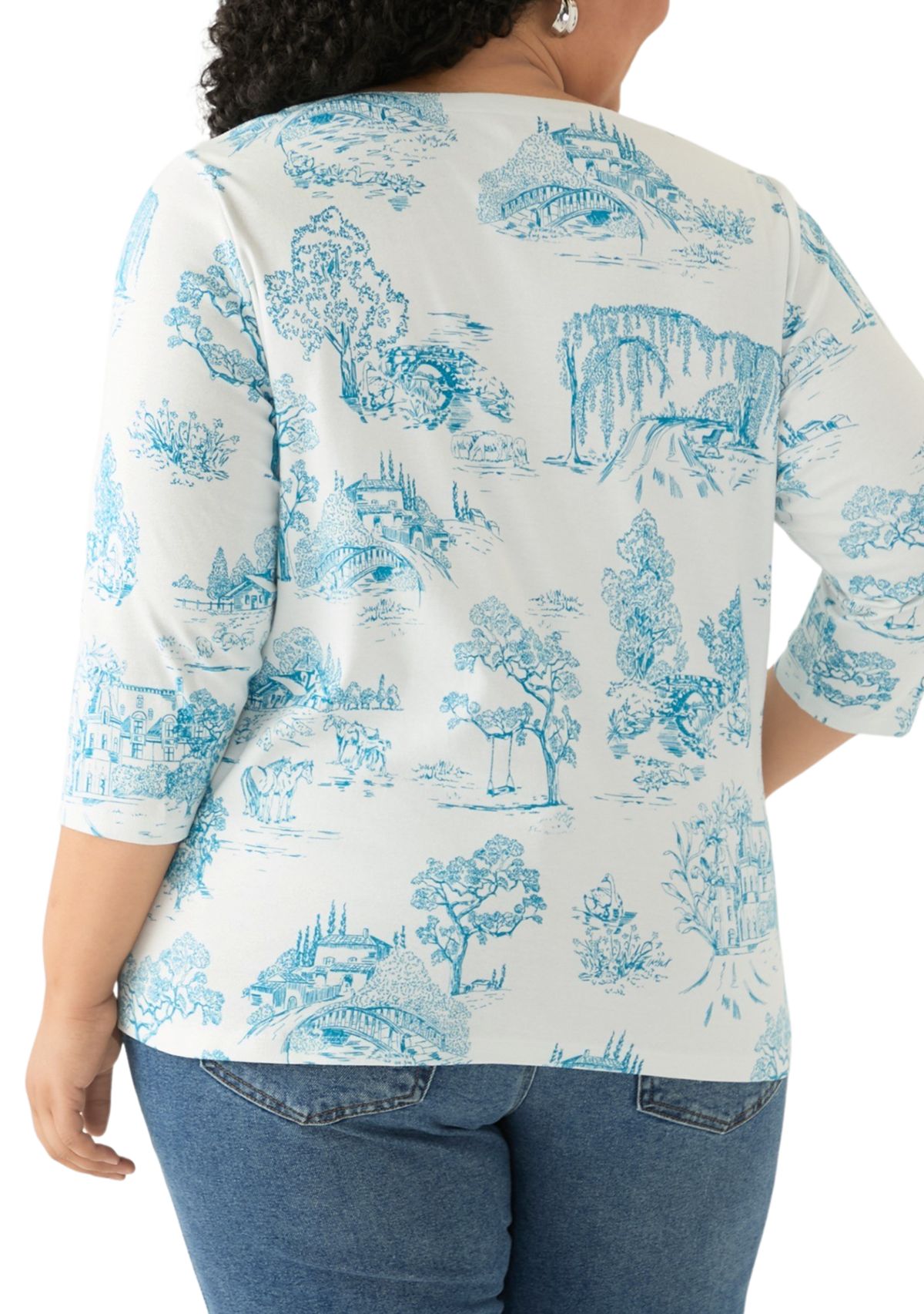Plus Size 3/4 Sleeve Split Neck Allover Print Top