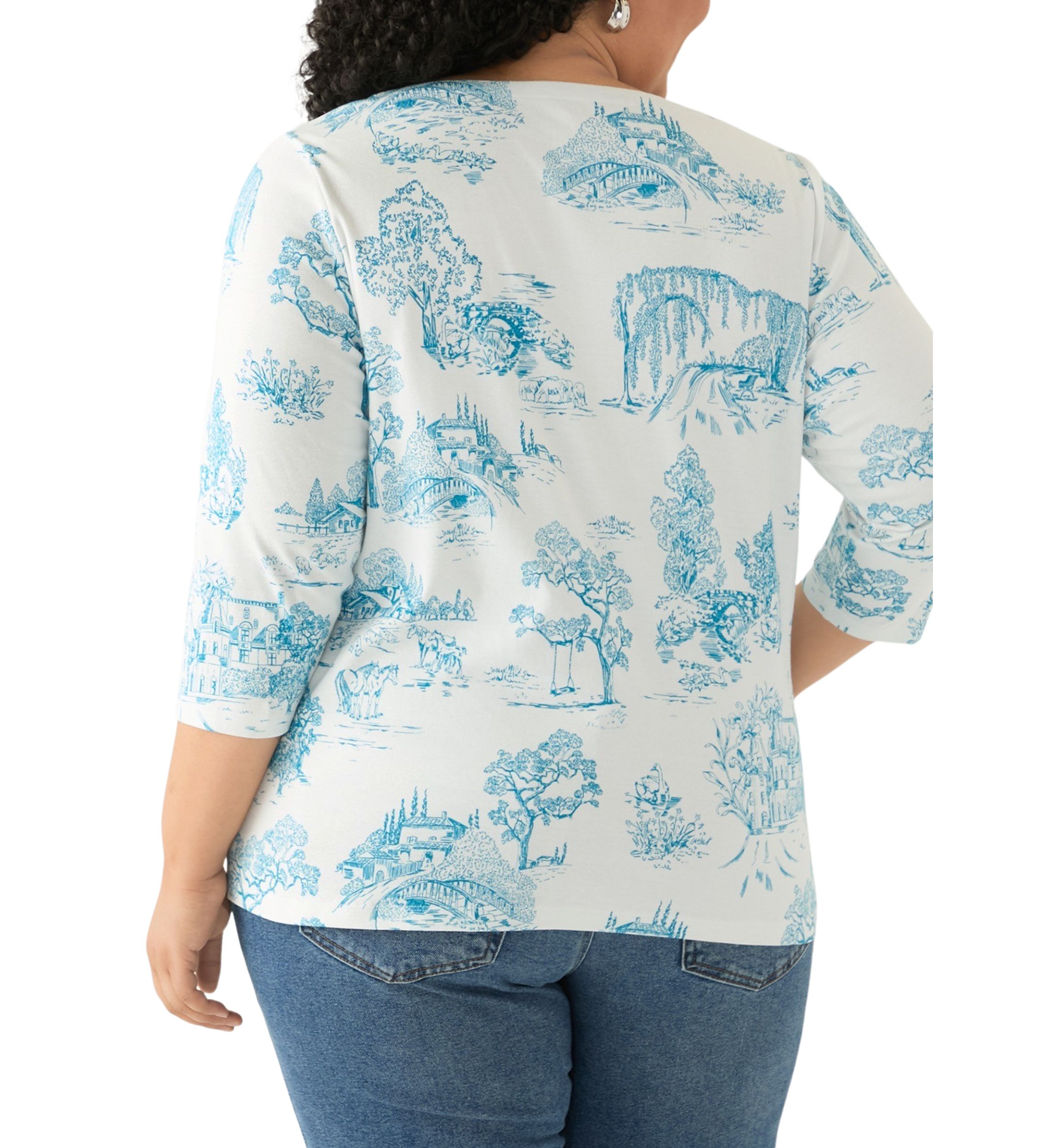 Plus Size 3/4 Sleeve Split Neck Allover Print Top