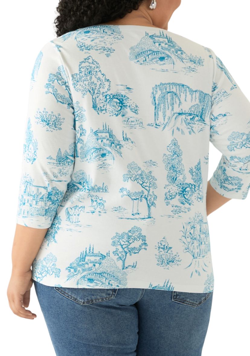 Plus Size 3/4 Sleeve Split Neck Allover Print Top