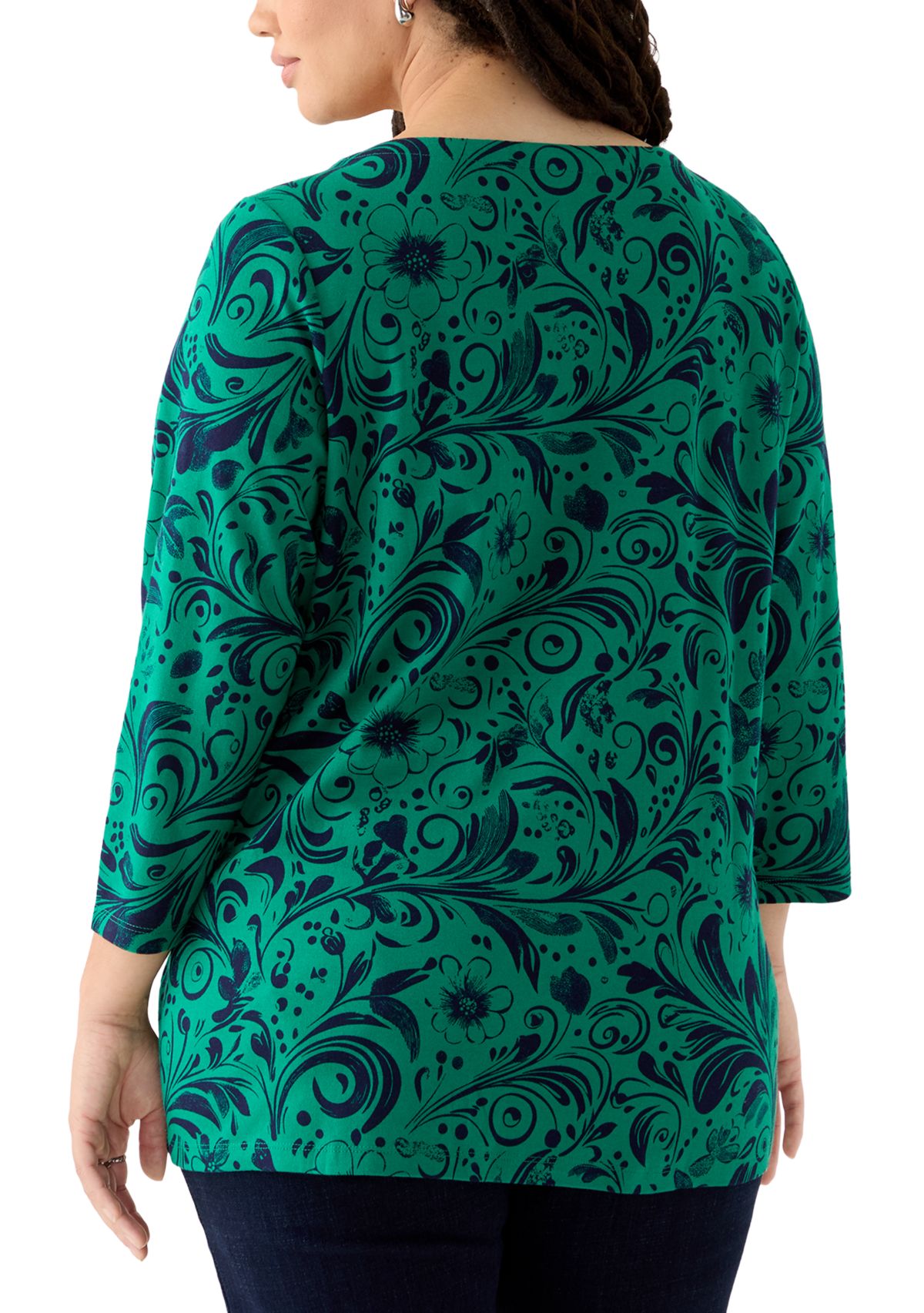 Plus Size 3/4 Sleeve Split Neck Allover Print Top