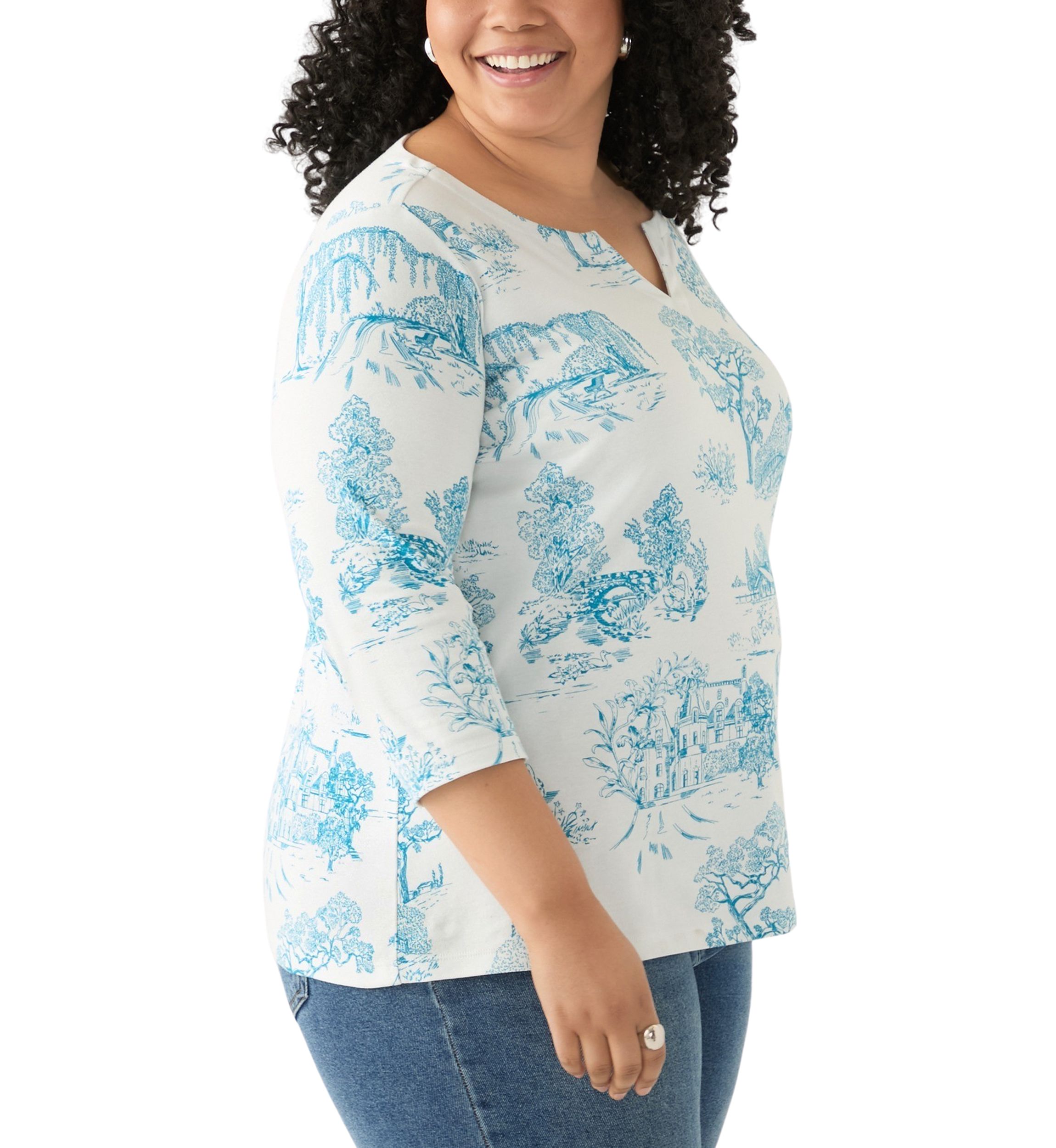 Plus Size 3/4 Sleeve Split Neck Allover Print Top
