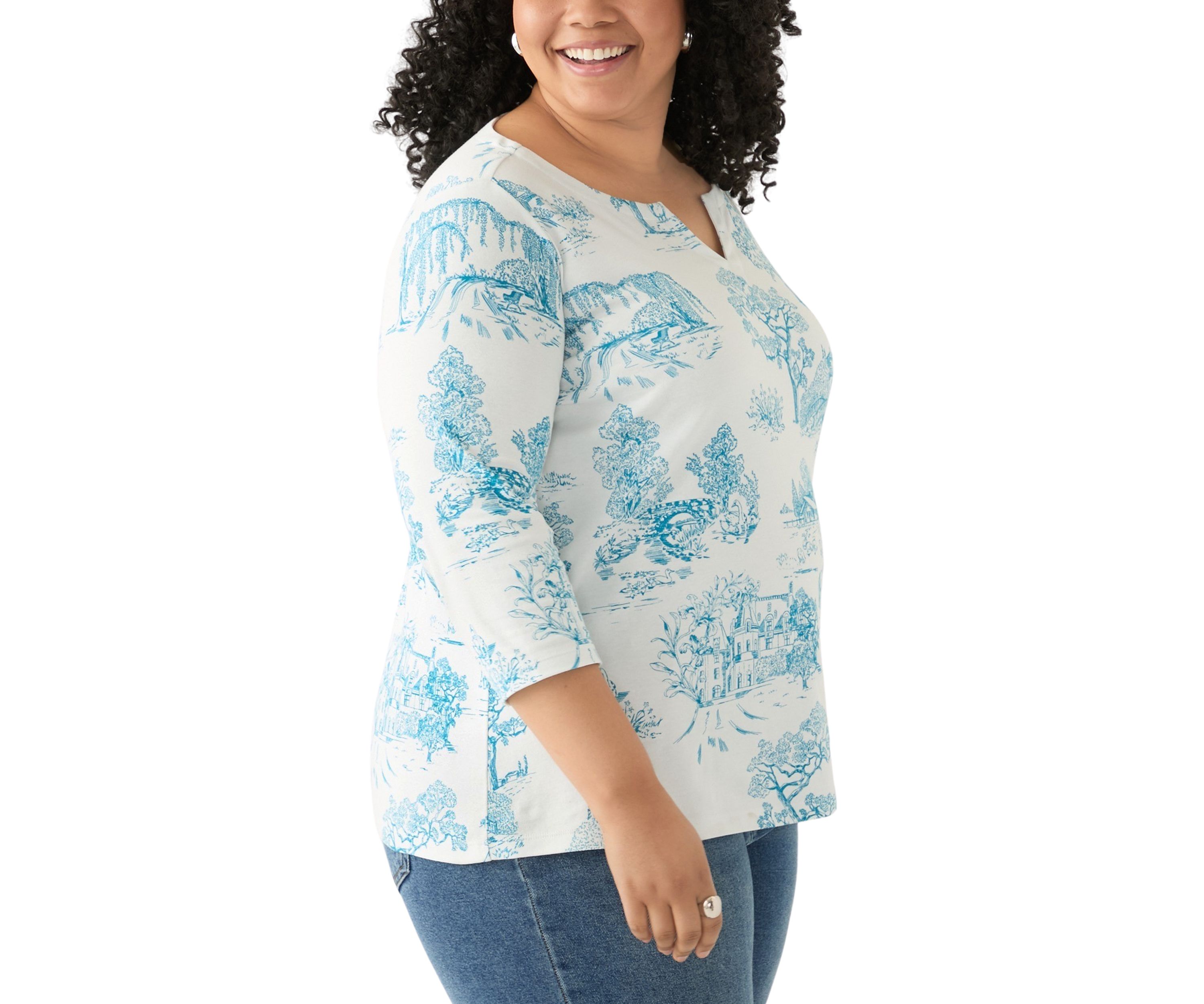 Plus Size 3/4 Sleeve Split Neck Allover Print Top