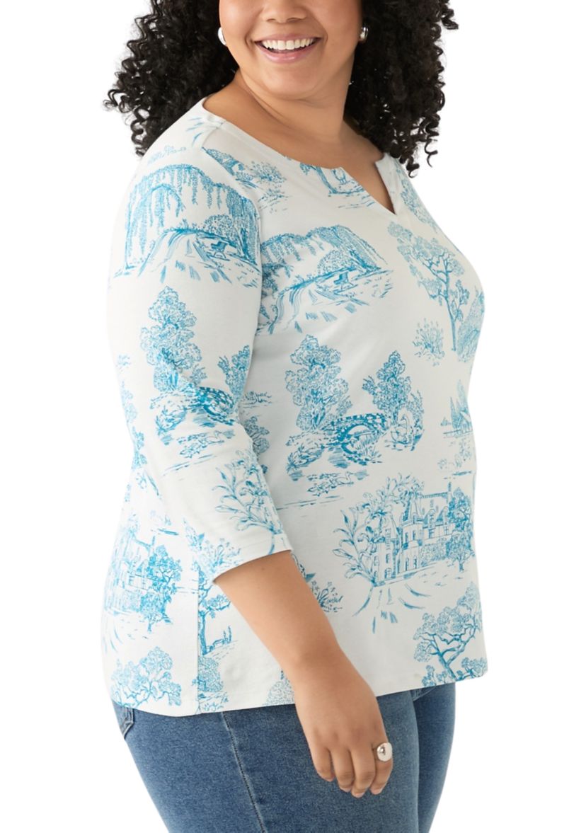 Plus Size 3/4 Sleeve Split Neck Allover Print Top