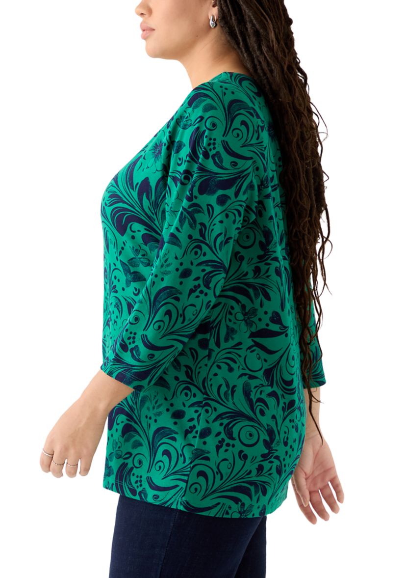 Plus Size 3/4 Sleeve Split Neck Allover Print Top