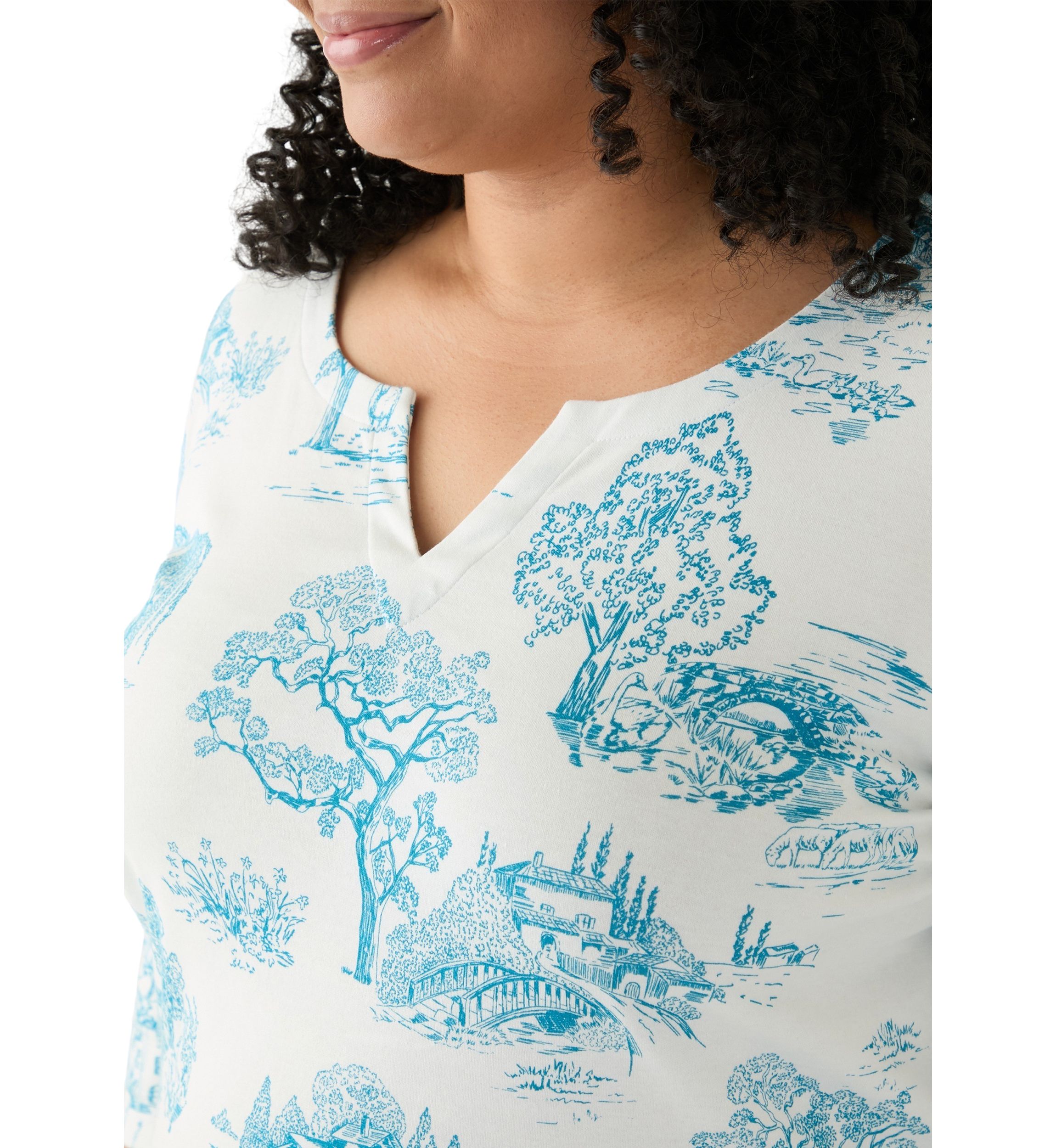 Plus Size 3/4 Sleeve Split Neck Allover Print Top