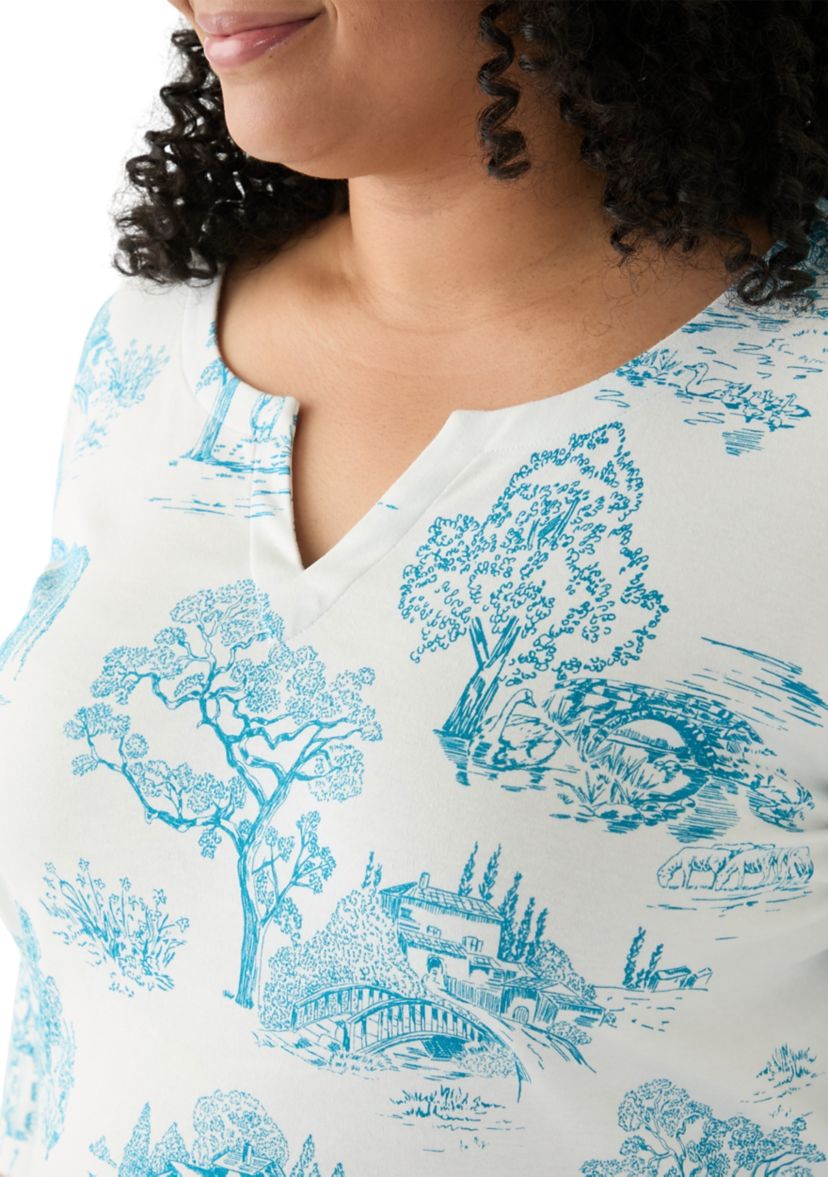 Plus Size 3/4 Sleeve Split Neck Allover Print Top