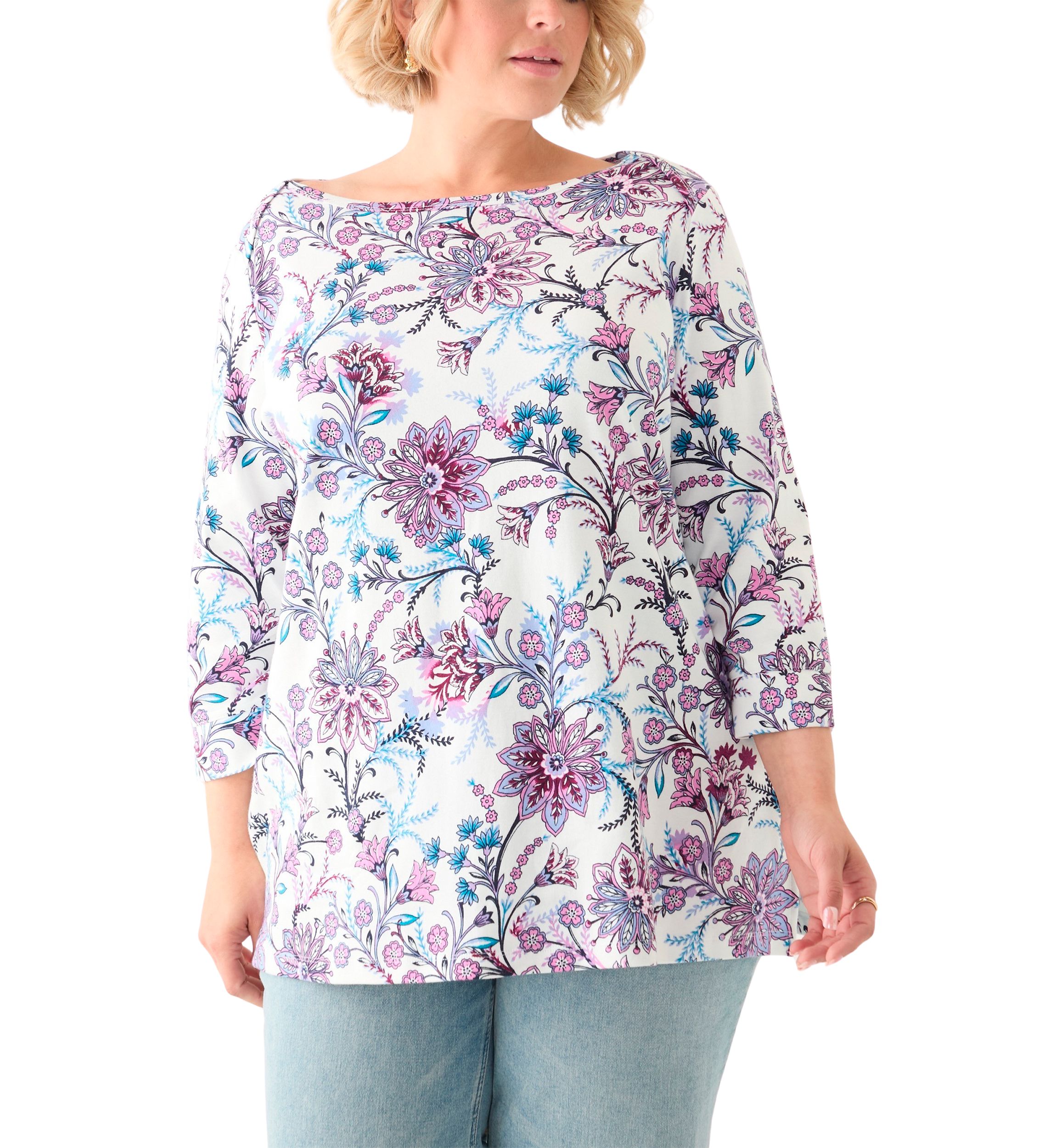 Plus Size 3/4 Sleeve Boat Neck Printed Tunic Top
