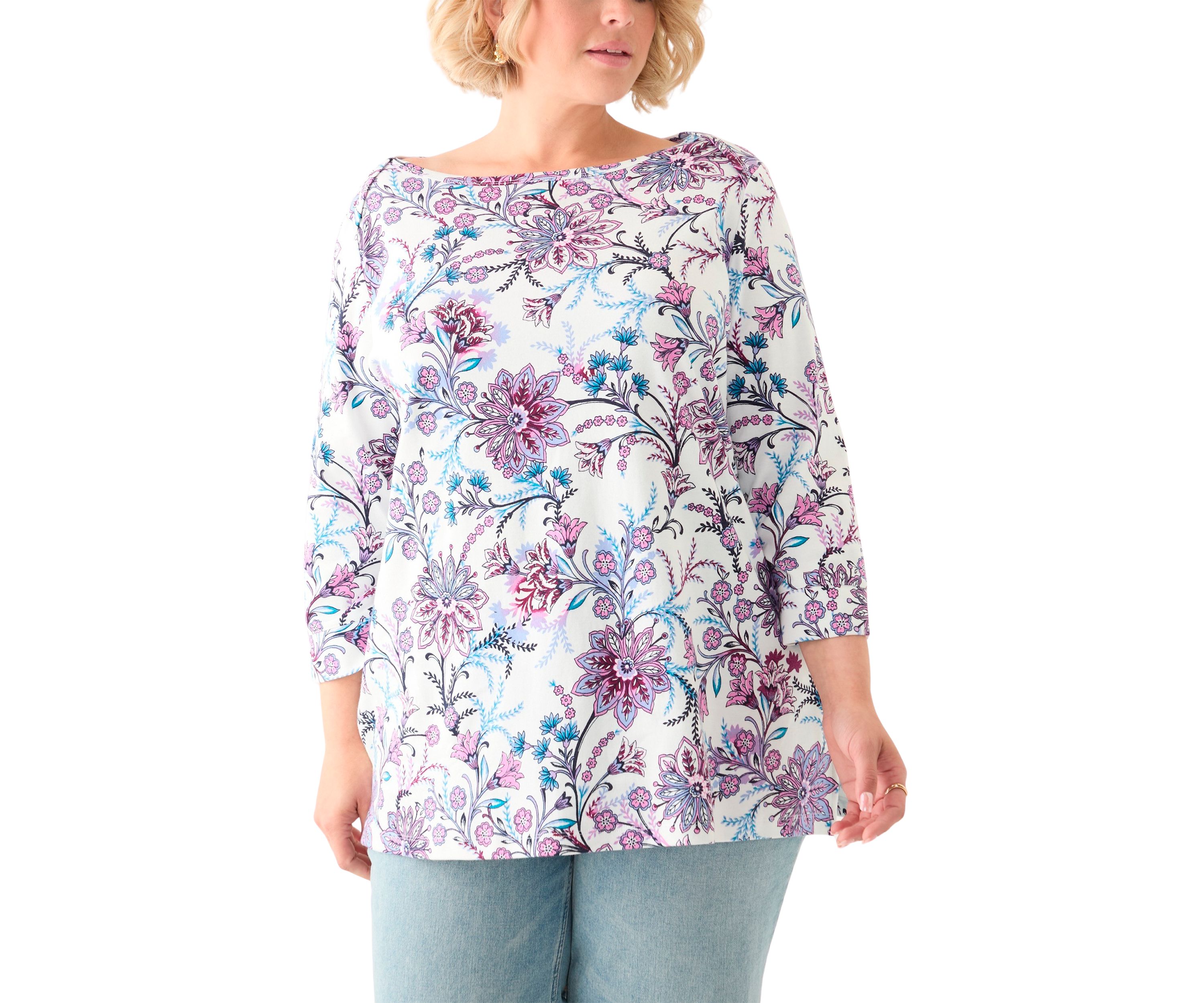 Plus Size 3/4 Sleeve Boat Neck Printed Tunic Top