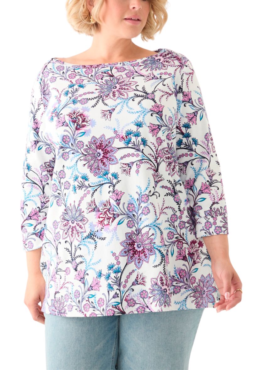 Plus Size 3/4 Sleeve Boat Neck Printed Tunic Top