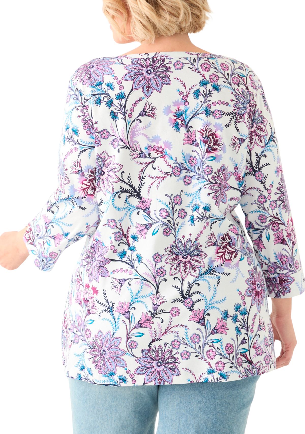 Plus Size 3/4 Sleeve Boat Neck Printed Tunic Top