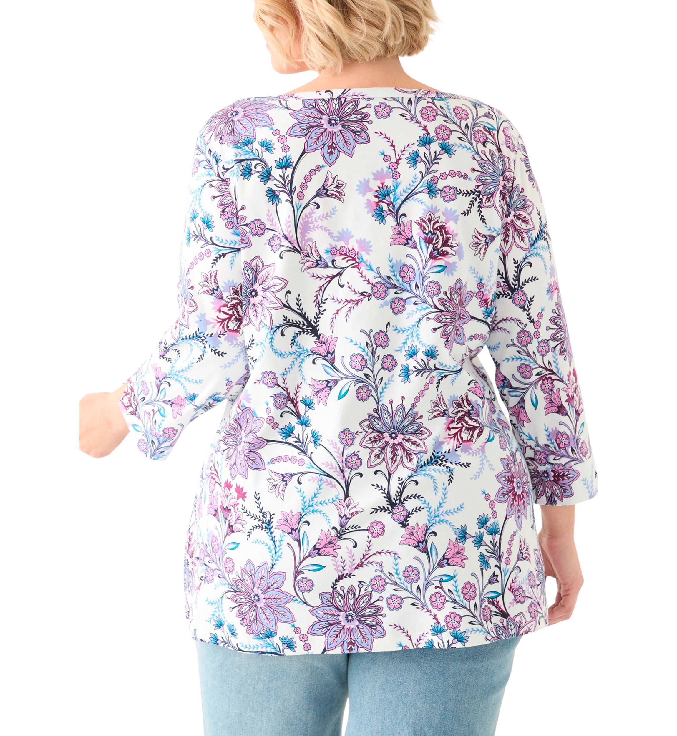 Plus Size 3/4 Sleeve Boat Neck Printed Tunic Top