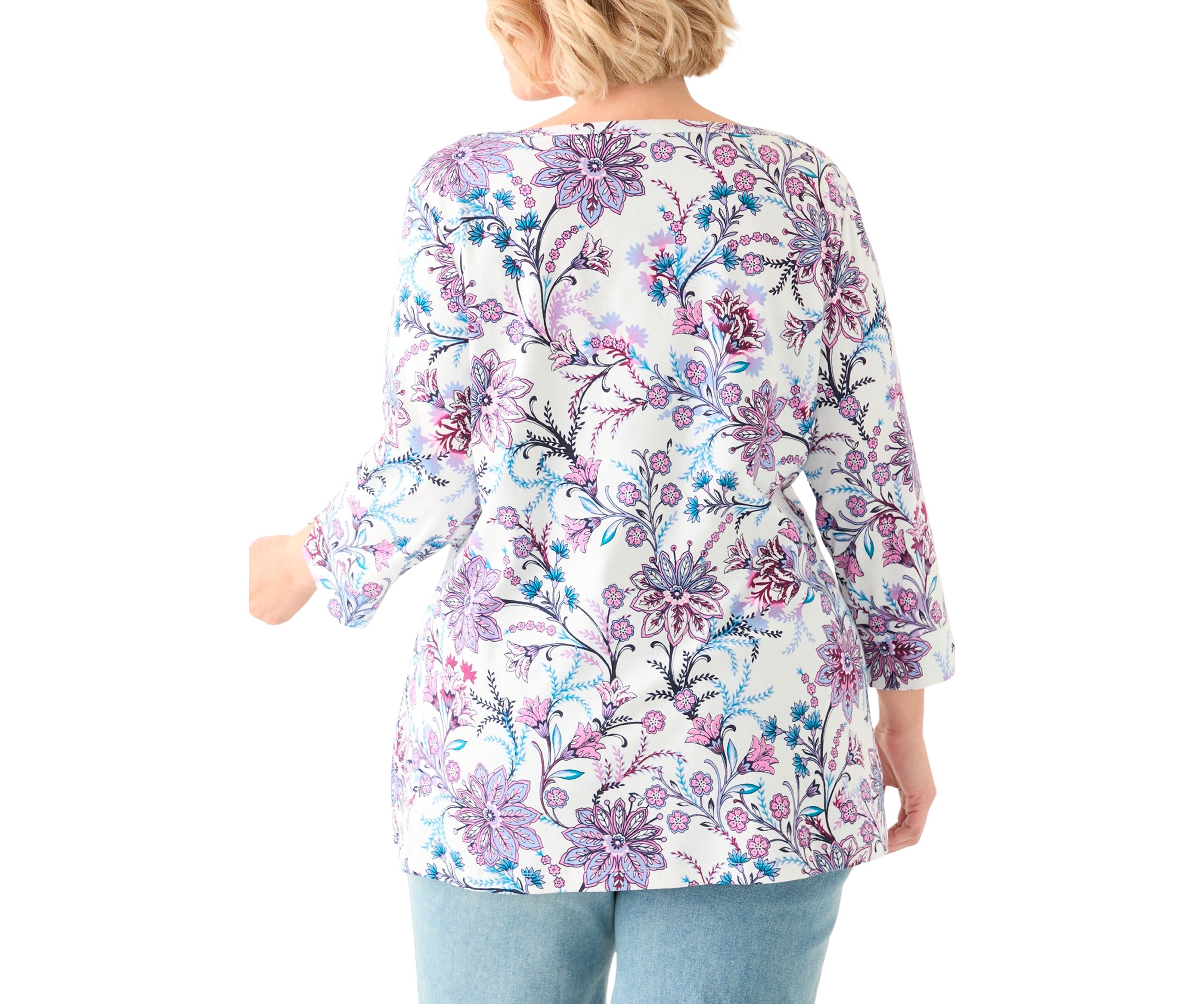 Plus Size 3/4 Sleeve Boat Neck Printed Tunic Top