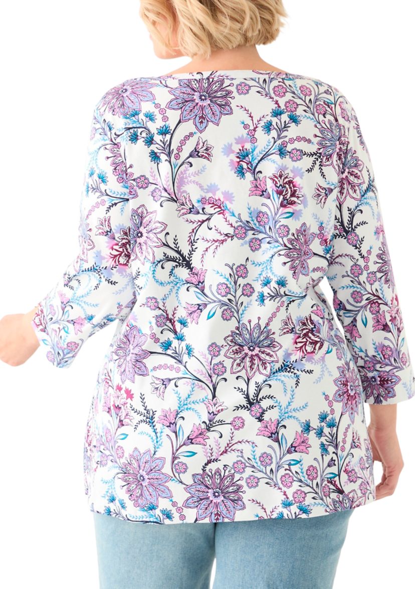 Plus Size 3/4 Sleeve Boat Neck Printed Tunic Top