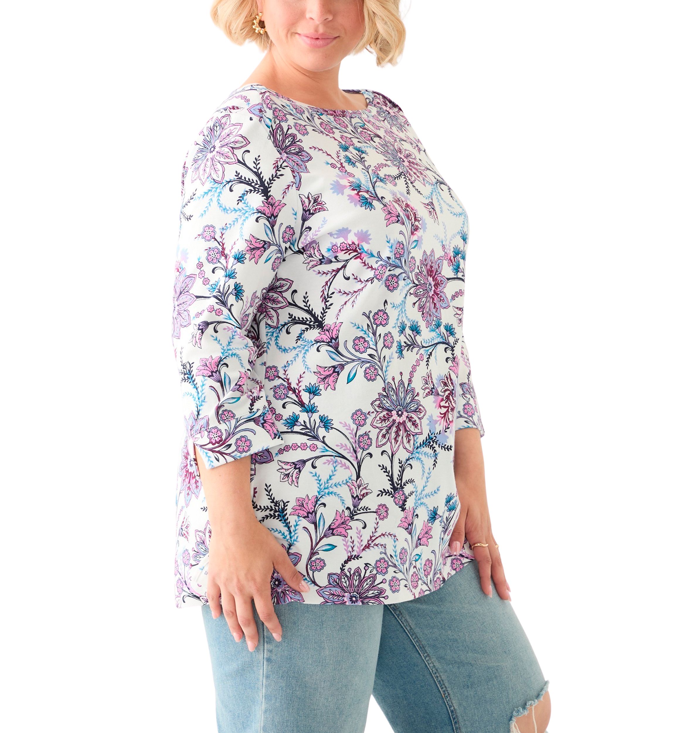Plus Size 3/4 Sleeve Boat Neck Printed Tunic Top