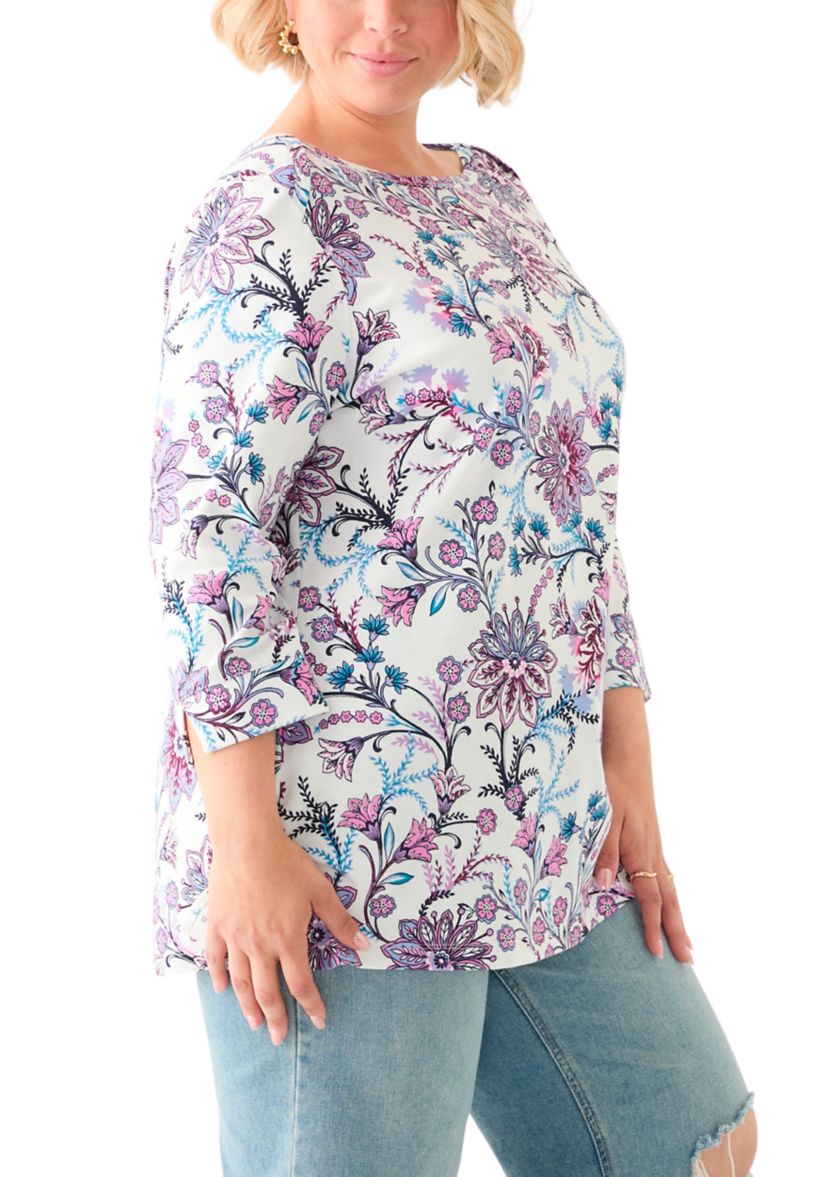 Plus Size 3/4 Sleeve Boat Neck Printed Tunic Top