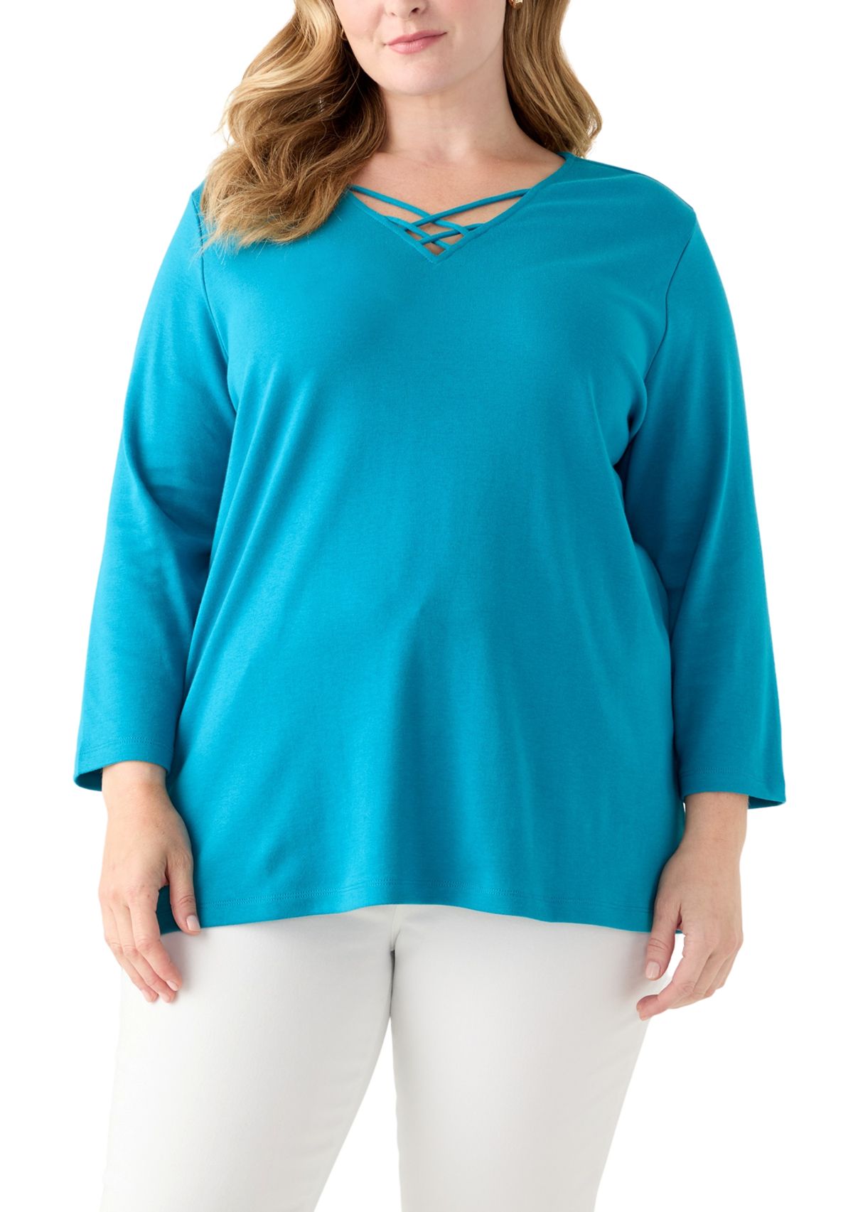 Plus Size Three Quarter Sleeve Neck Detail Solid Top