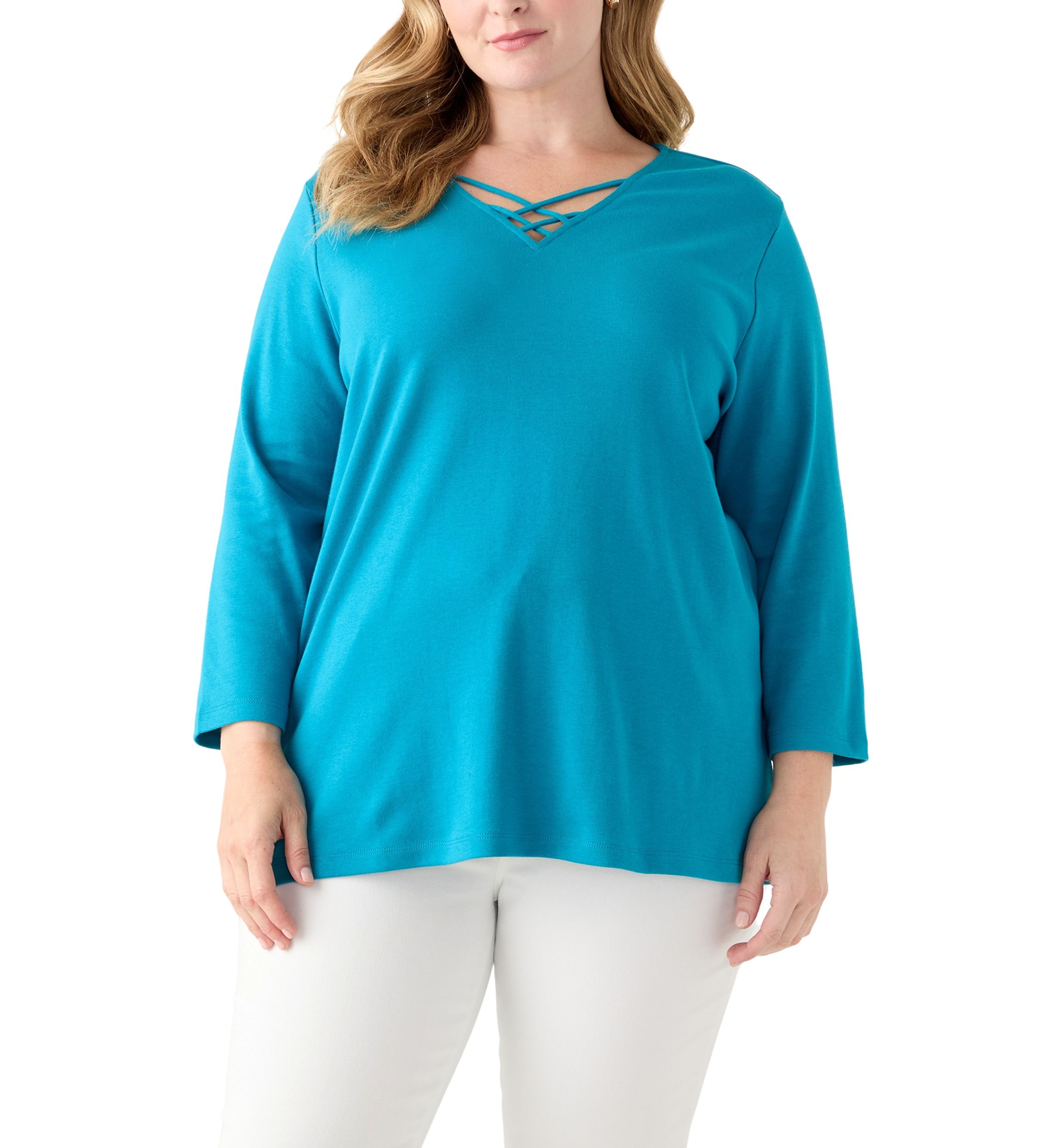 Plus Size Three Quarter Sleeve Neck Detail Solid Top