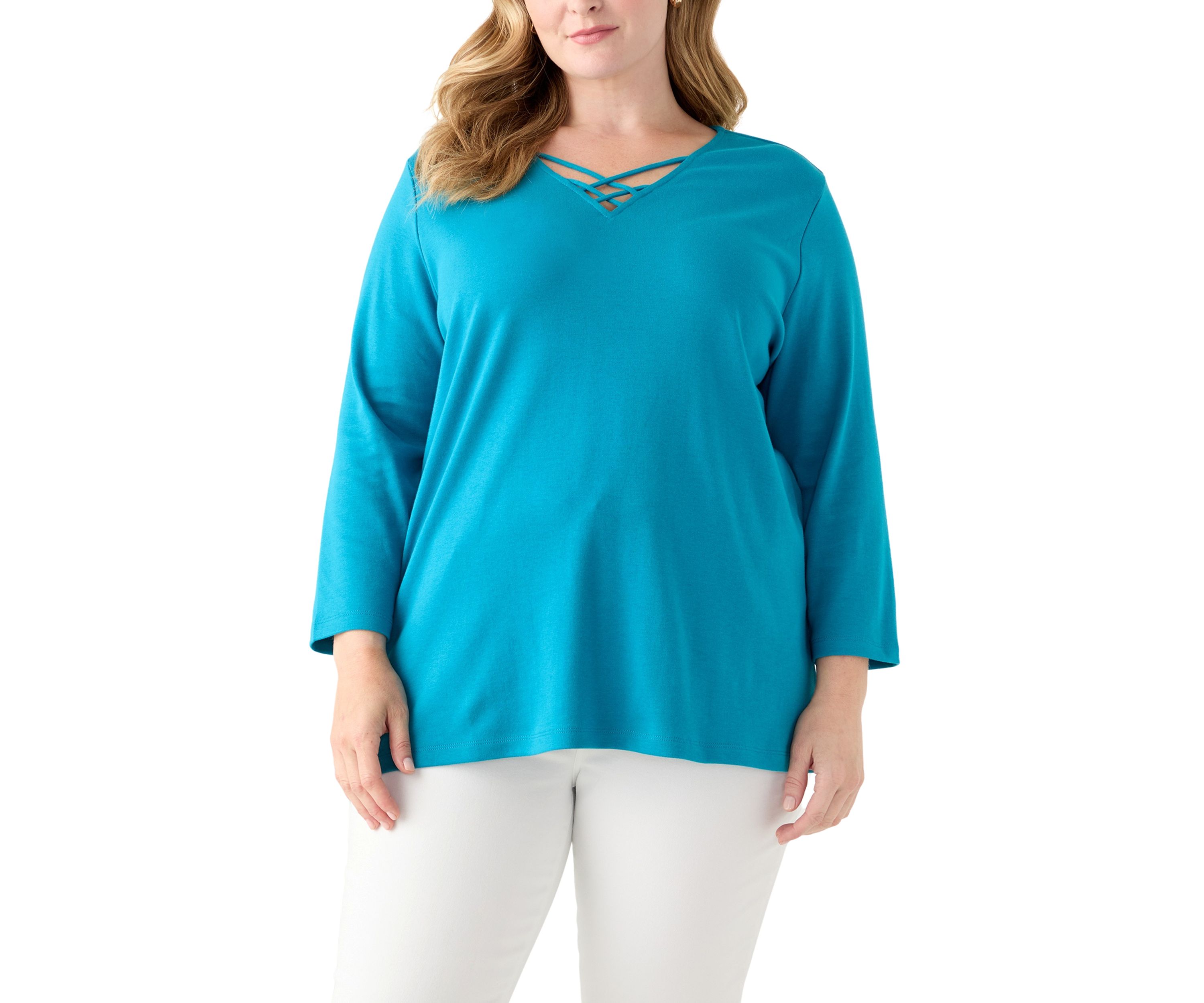 Plus Size Three Quarter Sleeve Neck Detail Solid Top