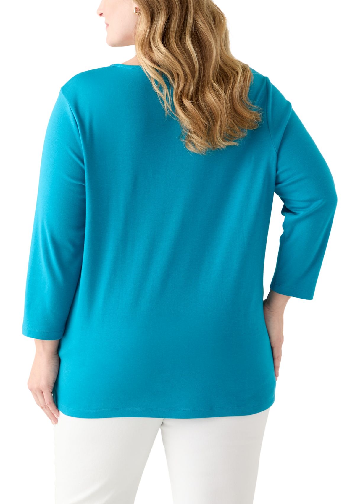 Plus Size Three Quarter Sleeve Neck Detail Solid Top