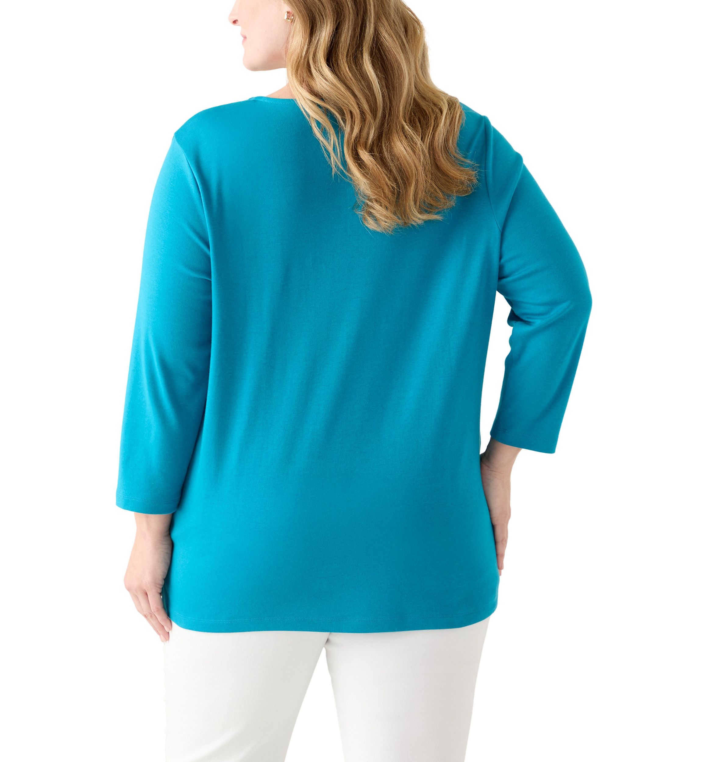 Plus Size Three Quarter Sleeve Neck Detail Solid Top