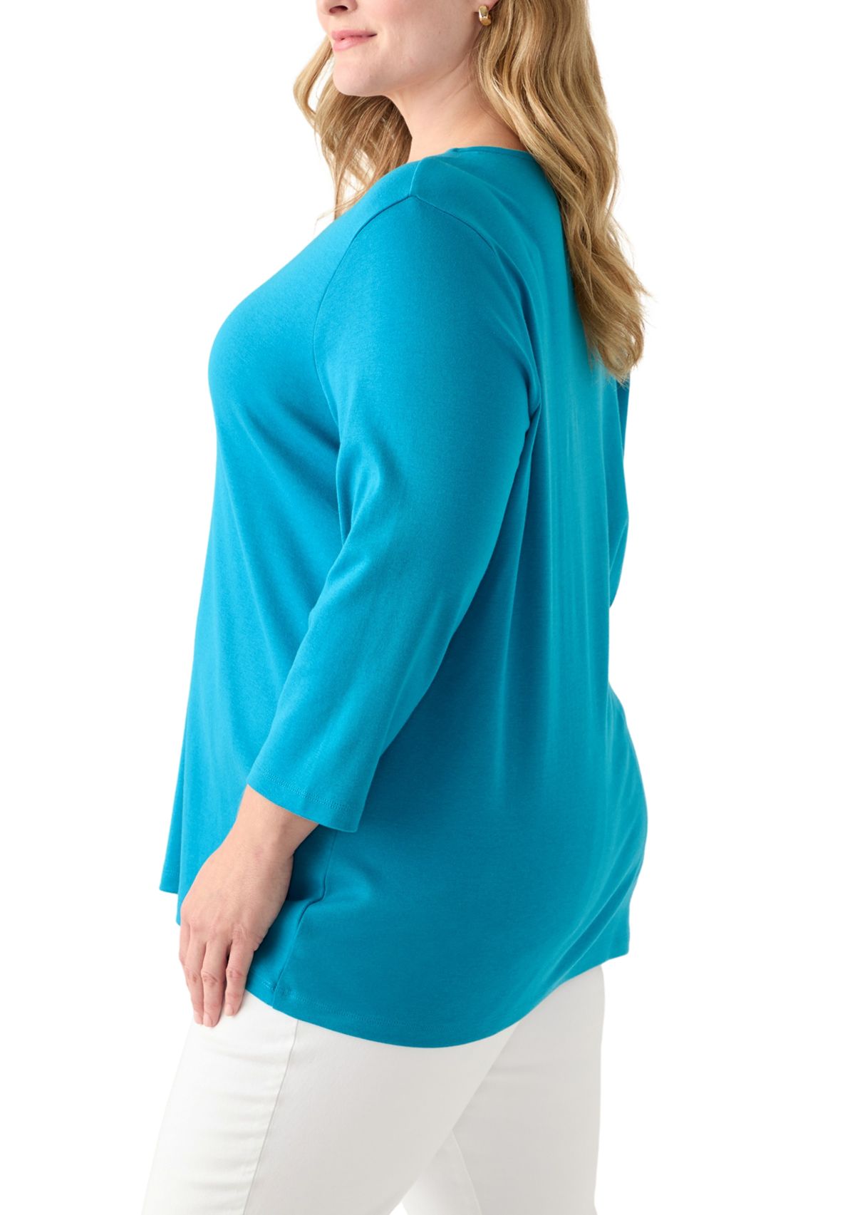 Plus Size Three Quarter Sleeve Neck Detail Solid Top
