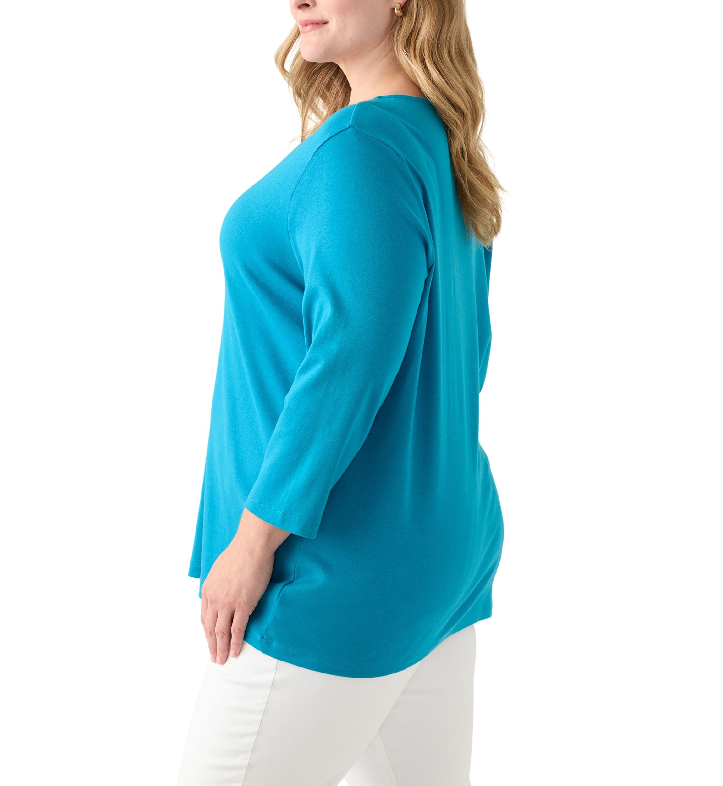 Plus Size Three Quarter Sleeve Neck Detail Solid Top