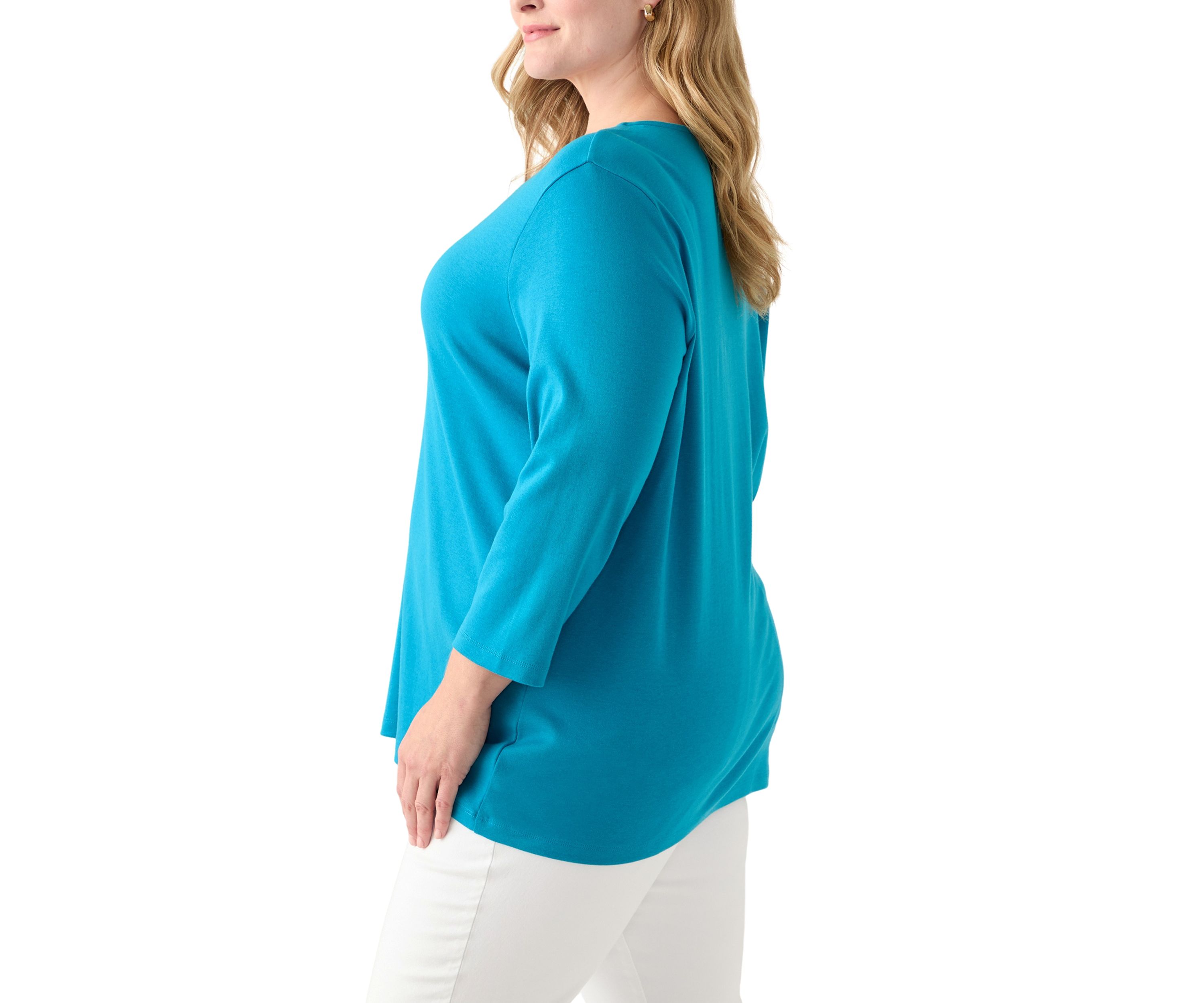 Plus Size Three Quarter Sleeve Neck Detail Solid Top