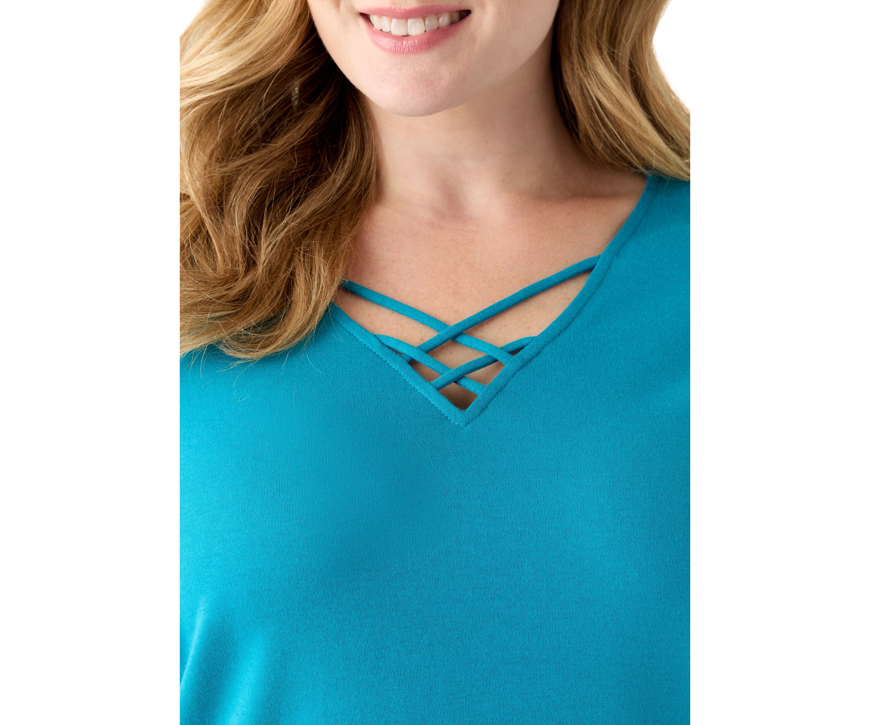 Plus Size Three Quarter Sleeve Neck Detail Solid Top