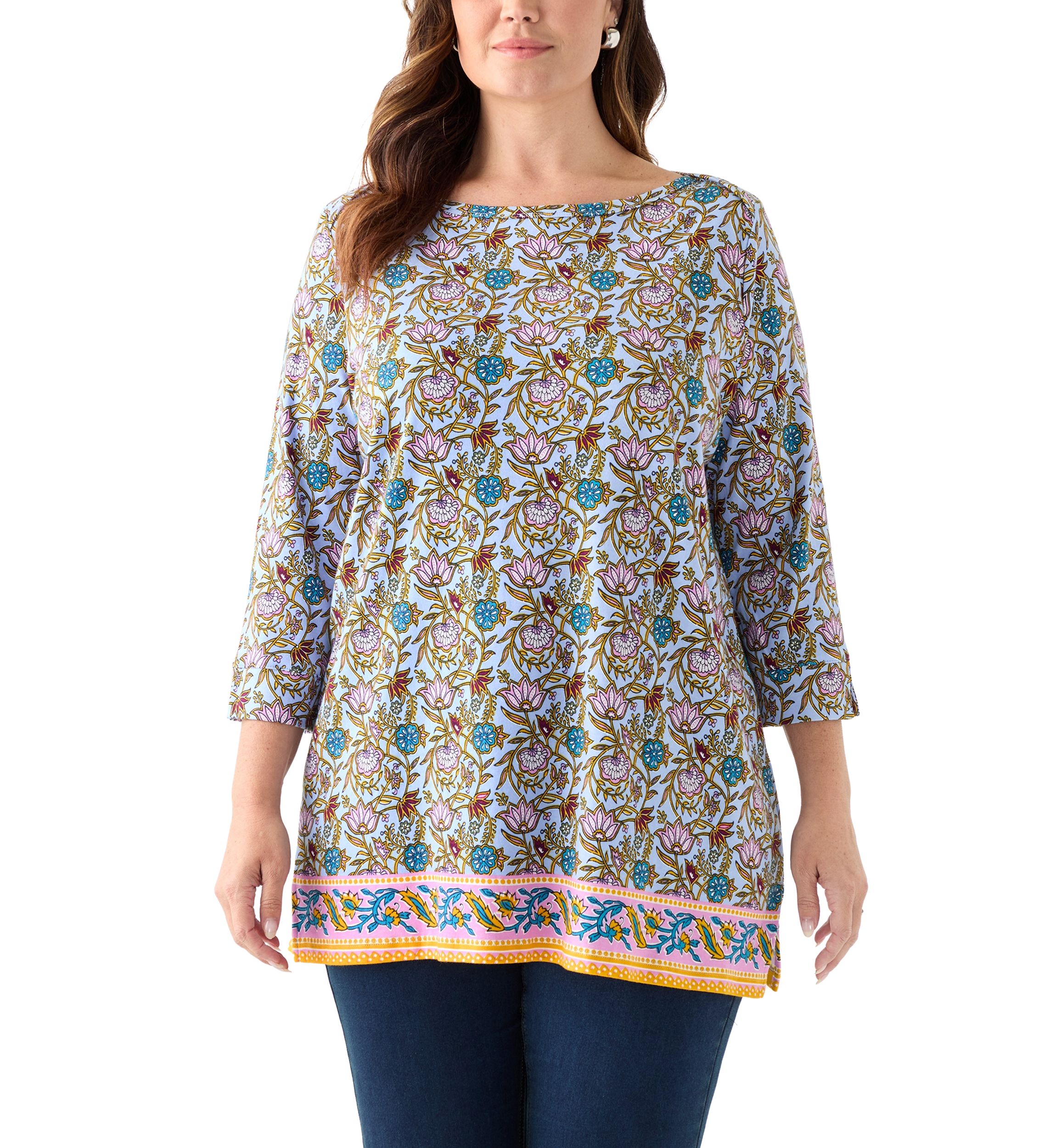 Three-Quarter Sleeve Bateu Tunic Border Printed Top