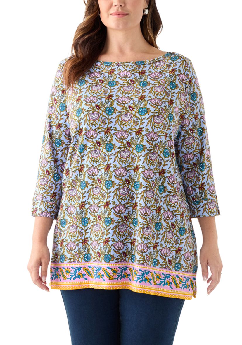 Three-Quarter Sleeve Bateu Tunic Border Printed Top