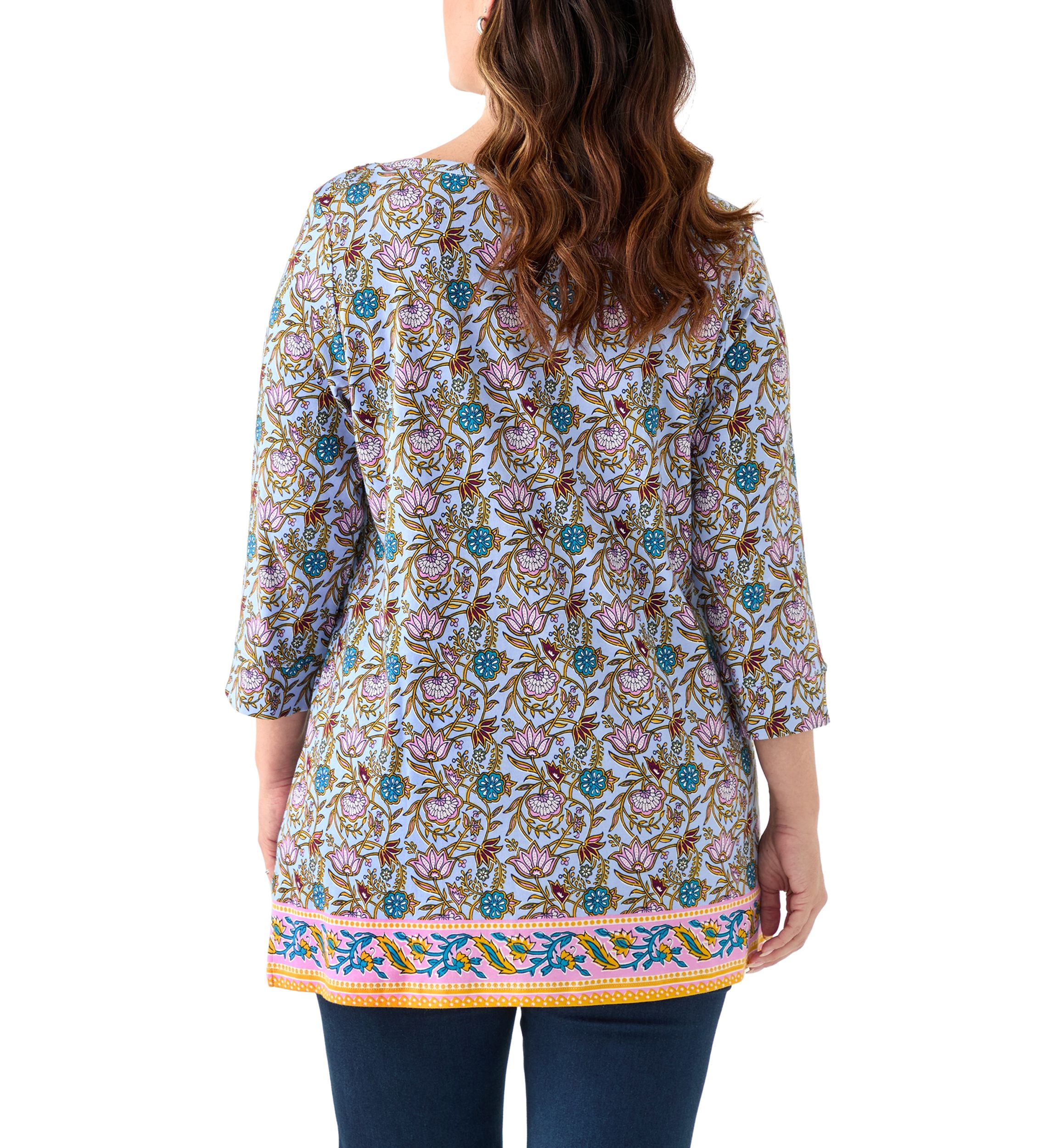 Three-Quarter Sleeve Bateu Tunic Border Printed Top