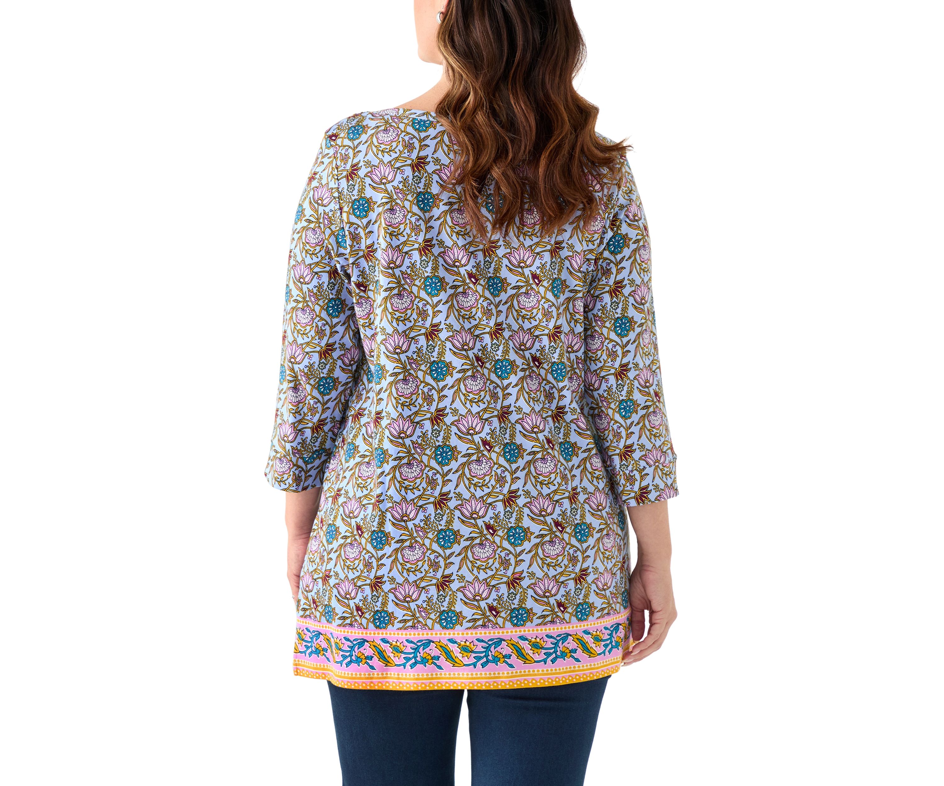 Three-Quarter Sleeve Bateu Tunic Border Printed Top